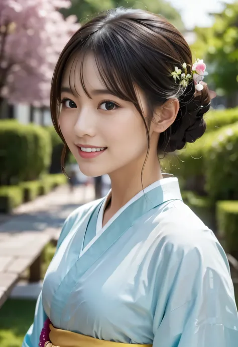 (((garden:1.3, outdoor, Photographed from the front))), ((hair tied up:1.3, kimono, japanese woman, smile,cute)), (clean, natura...