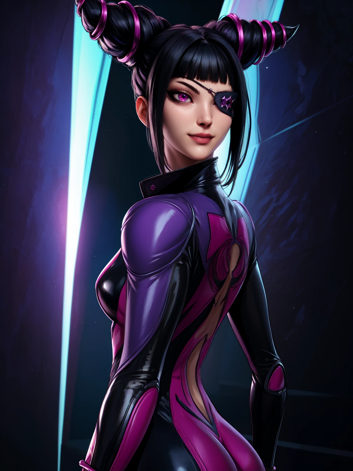 Juri , black hair,two-tone hair, hair horns, purple eyes, eyepatch,  
bodysuit, clothing cutout, 
standing, upper body, evil smile, 
night club,
(insanely detailed, beautiful detailed face,beautiful detailed eyes, masterpiece, best quality) , solo, dinamic poses, shinning eyes, backwards, looking back