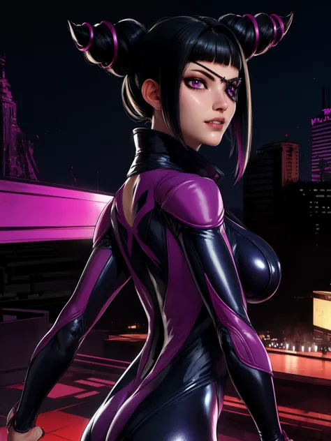 Juri , black hair,two-tone hair, hair horns, purple eyes, eyepatch,  
bodysuit, clothing cutout, 
standing, upper body, evil smi...