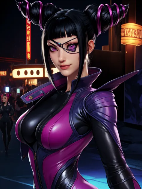 Juri , black hair,two-tone hair, hair horns, purple eyes, eyepatch,  
bodysuit, clothing cutout, 
standing, upper body, evil smi...