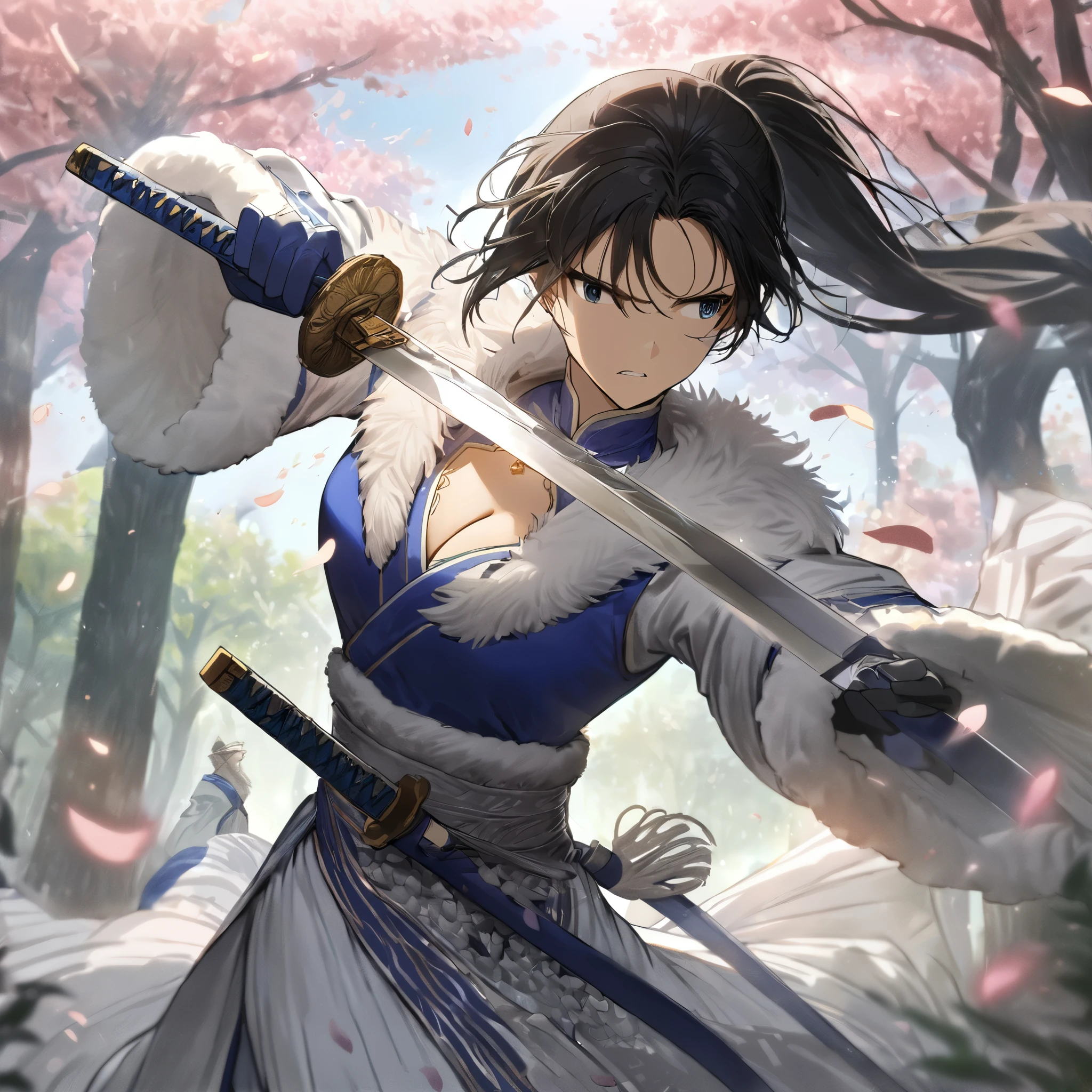 Spring Morning,(spring),(morning),(windy),(blood),(motion blur),(dress in white),Petals fluttering in the wind, shining swords, helpless expression, anger, fighting with death, very detailed expression, very detailed petals,ponytail, 2swordsman fighting,fight,gongfu,stand in trees, 2swordsman stood in a peach tree forest with petals dancing,petals , detailed ,completing the stable diffusion of serenity and contentment,masterpiece, best quality,masterpiece, best quality, swordman,holding a sword(trees:0.5),(eagle:0.5), (bamboo:0.2) fighting stance, 1man, glowing, solo, weapon, sword, tree, holding, gloves, outdoors, sheath, border, holding weapon, black hair, holding sword, fur trim, looking away,look at view