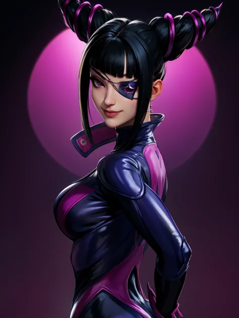 Juri , black hair,two-tone hair, hair horns, purple eyes, eyepatch,  
bodysuit, clothing cutout, 
standing, upper body, evil smi...