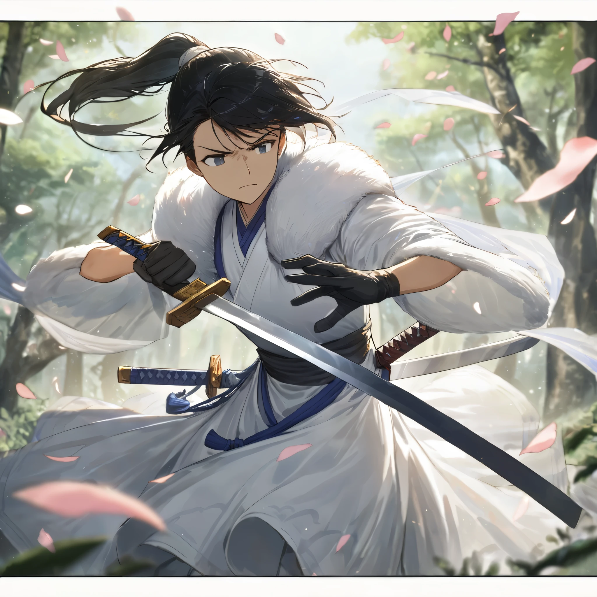 Spring Morning,(spring),(morning),(windy),(blood),(motion blur),(dress in white),Petals fluttering in the wind, shining swords, helpless expression, anger, fighting with death, very detailed expression, very detailed petals,ponytail, 2swordsman fighting,fight,gongfu,stand in trees, 2swordsman stood in a peach tree forest with petals dancing,petals , detailed ,completing the stable diffusion of serenity and contentment,masterpiece, best quality,masterpiece, best quality, swordman,holding a sword(trees:0.5),(eagle:0.5), (bamboo:0.2) fighting stance, 1man, glowing, solo, weapon, sword, tree, holding, gloves, outdoors, sheath, border, holding weapon, black hair, holding sword, fur trim, looking away,look at view