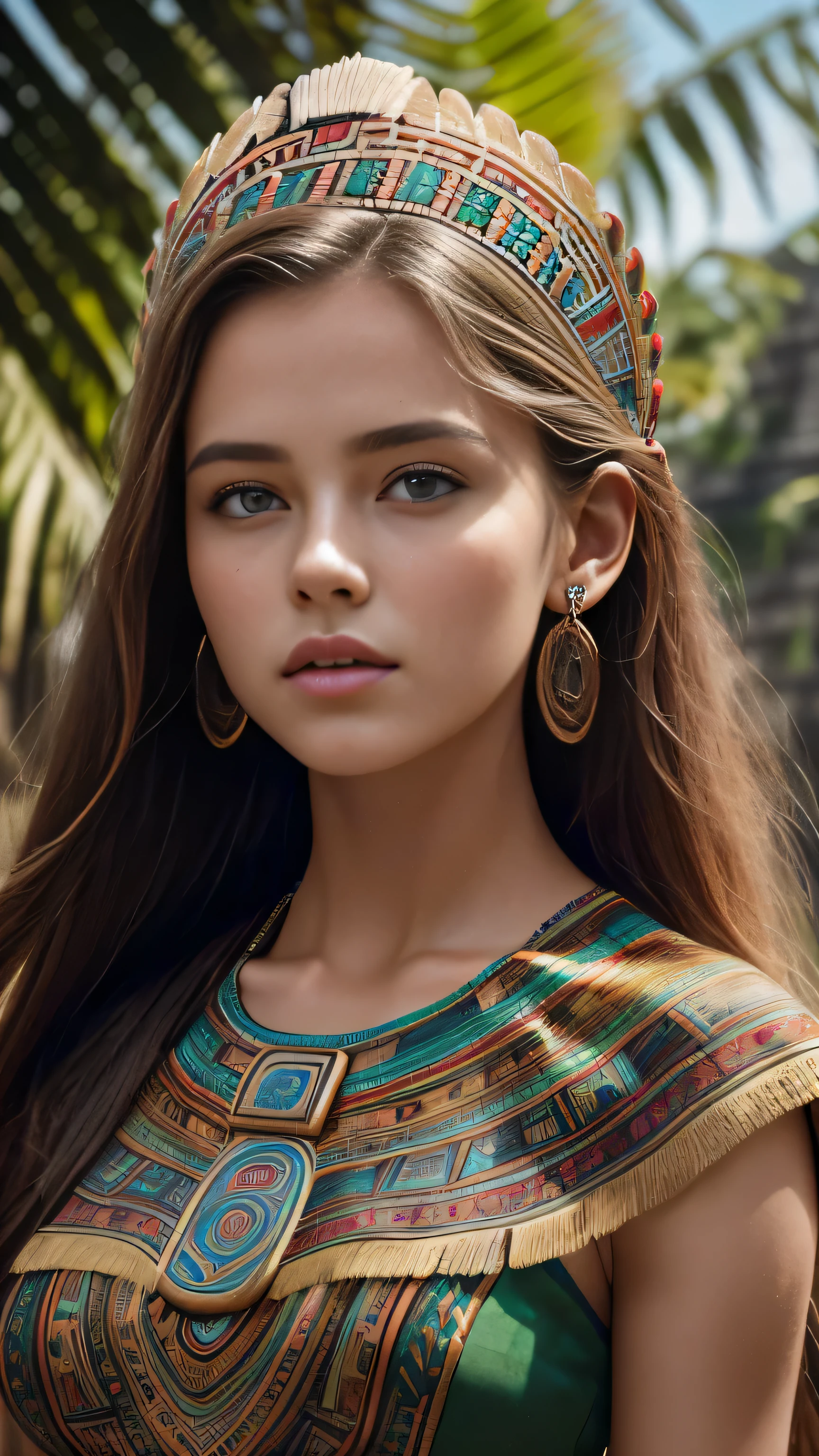(cinematic photograph of a detailed beautiful 18-year old woman with ((facial and body characteristics that is similar to Kristina Pimenova))), (), ((Mayan Civilization Majesty: Theme: Ancient Mayan civilization aesthetics. Clothing: Vibrant, patterned garments inspired by Mayan art. Scene: Jungle ruins, a pyramid backdrop, or a Mayan cityscape. Props: Mayan jewelry, ceremonial headdress.)), (), (), finely detailed, ultra-realistic features of her pale skin and (slender and athletic body), and (symmetrical, realistic and beautiful face), candid, (), (), (()), (), film stock photograph,  rich colors, hyper realistic, lifelike texture, dramatic lighting, strong contrast