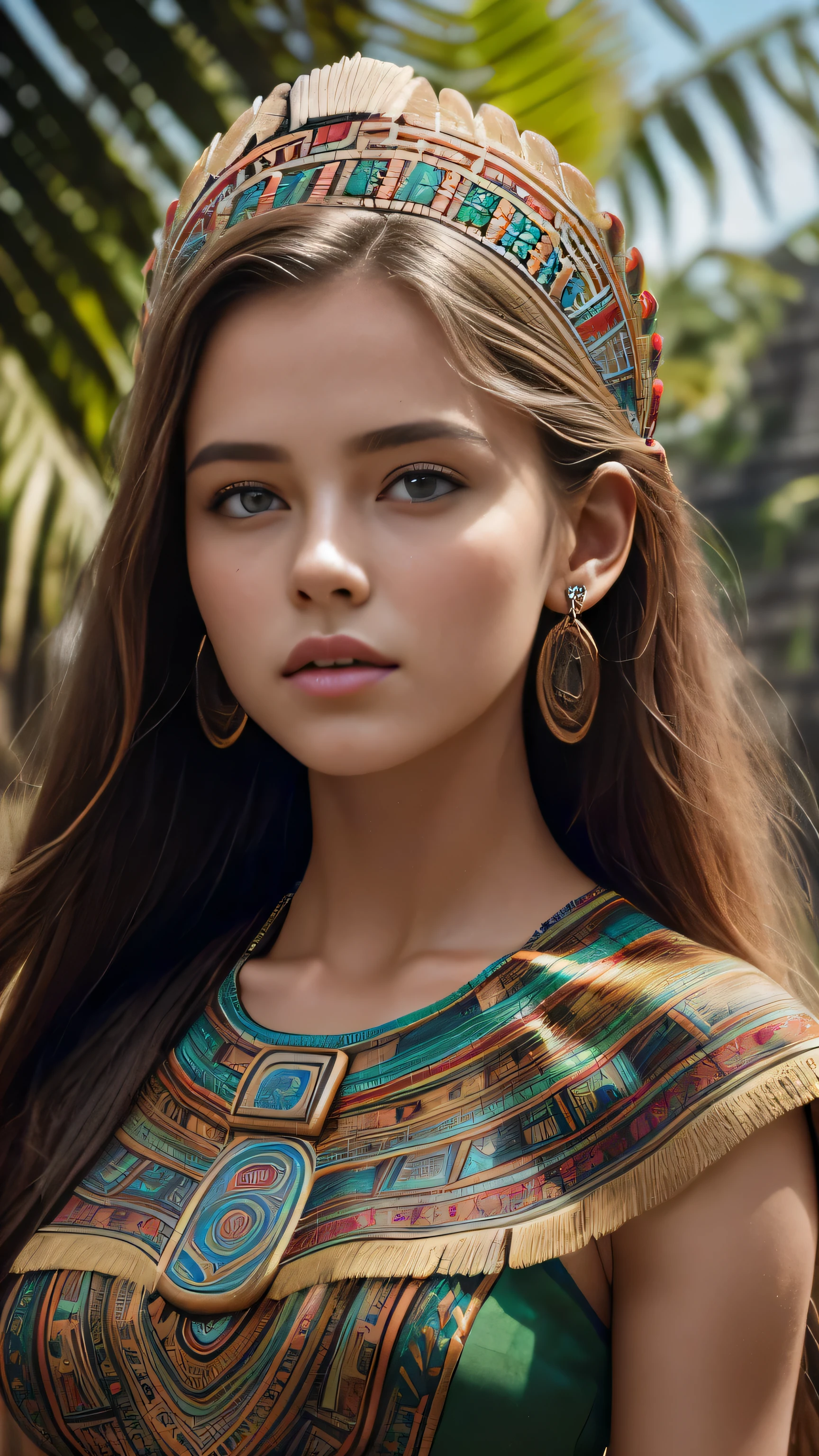 (ภาพถ่ายภาพยนตร์ของหญิงสาวสวยอายุ 18 ปีที่มีรายละเอียดด้วย ((facial และ body characteristics that is similar to Kristina Pimenova))), (), ((พระบาทสมเด็จพระเจ้าอยู่หัวอารยธรรมมายัน: ธีม: สุนทรียภาพแห่งอารยธรรมมายาโบราณ. เสื้อผ้า: มีชีวิตชีวา, เสื้อผ้าที่มีลวดลายได้รับแรงบันดาลใจจากศิลปะของชาวมายัน. ฉาก: ซากปรักหักพังของป่า, ฉากหลังแบบปิรามิด, หรือทิวทัศน์เมืองของชาวมายัน. อุปกรณ์ประกอบฉาก: เครื่องประดับของชาวมายัน, ผ้าโพกศีรษะพิธีการ.)), (), (), รายละเอียดประณีต, ultra-realistic features of her pale skin และ (slender และ athletic body), และ (สมมาตร, realistic และ beautiful face), cและid, (), (), (()), (), รูปถ่ายหุ้นฟิล์ม,  สีสันที่หลากหลาย, สมจริงเกินจริง, เนื้อสัมผัสเหมือนจริง, แสงที่น่าทึ่ง, ความคมชัดที่แข็งแกร่ง