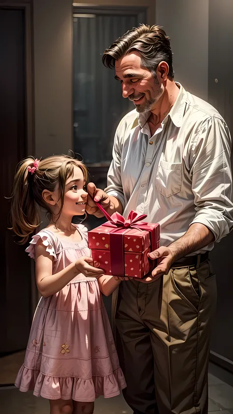 uma  aparentemente de 6 anos, dando um presente para o pai dela que aparentemente tem 35 anos, she is smiling 