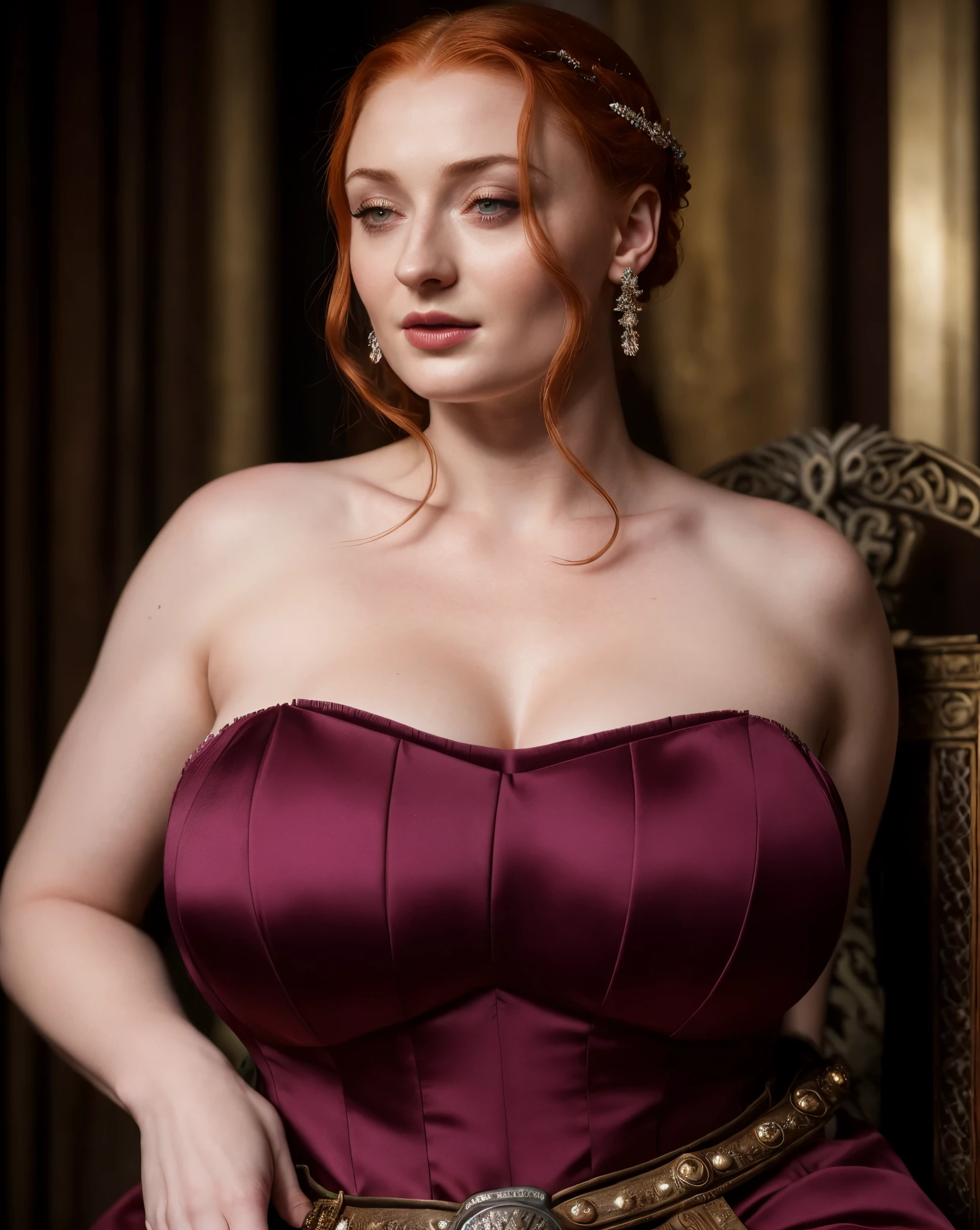 Face of Sophie Turner, Sansa Stark played by Sophie Turner, the de facto Lady of the Eyrie, is a 40-year-old mature queen with a stunning, alluring appearance. Full Face, pierced eyes, reddish lips, upper body shot, erotic Mediaeval costumes, game of thrones costumes, She wears a Game of Thrones-inspired costume and has a deep cleavage, a perfect thick body, and a perfect thick figure. The photograph captures her in a close-up, with her skin texture and facial features being ultra-realistic and realistic.