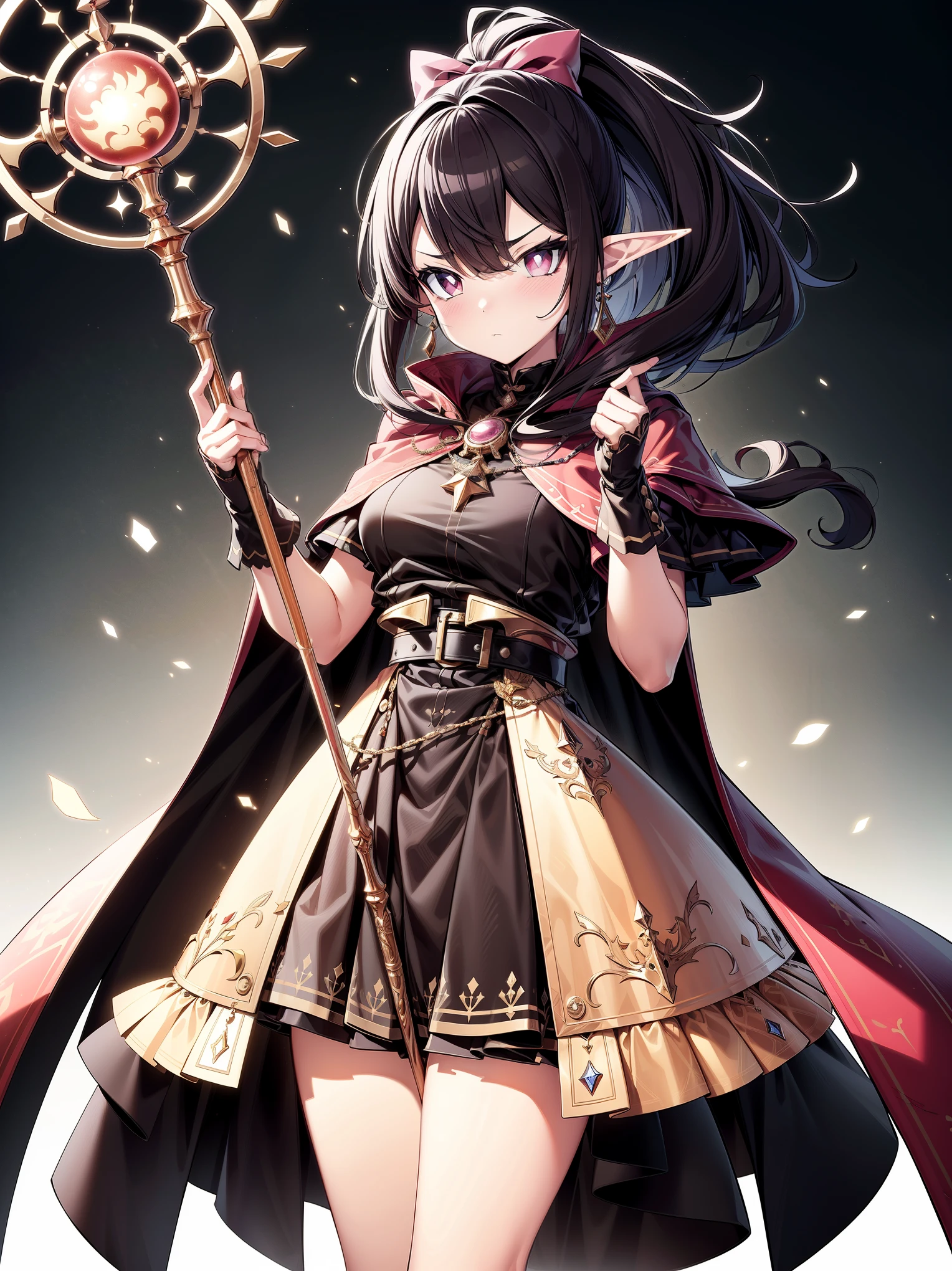 (masterpiece), (cowboy shot), (best quality, ultra-high resolution, depth of field:1.2), (perfect anatomy), Fair skin, Elf girl, pink eyes, no pupils, (shaded face), black hair in a hime hairstyle, ponytail, pink bow, gold earrings, armor, (golden armor), (long skirt:1.2), frills, high thighs boots, cape, (battlefield scenery:1.2), (casting a magic spell), extended arm, (magic circles on wrists), (deadpan expression), serious expression, (damaged clothes), holding a magic staff