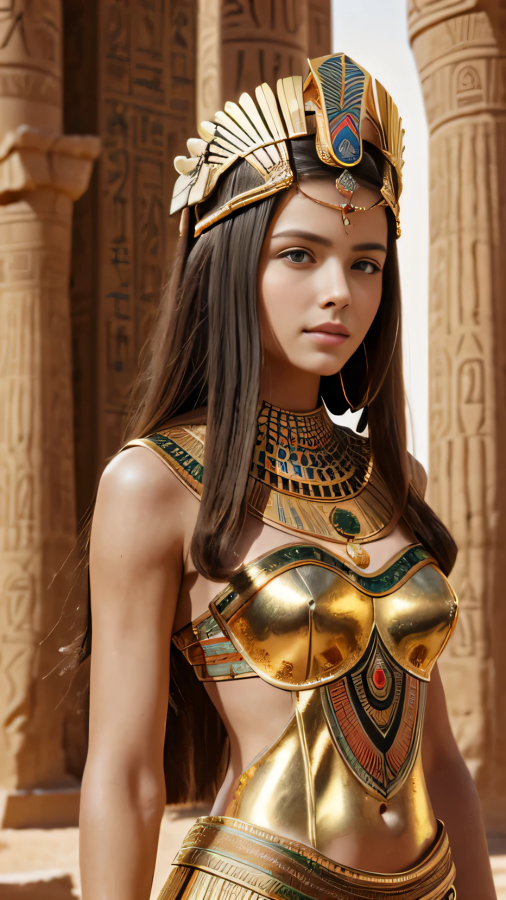 (cinematic photograph of a detailed beautiful 18-year old woman with ((facial and body characteristics that is similar to Kristina Pimenova))), (), ((Ancient Egyptian Elegance: Theme: Timeless beauty inspired by ancient Egypt. Clothing: Flowing gowns with Egyptian motifs, gold accessories. Scene: A desert landscape or a setting reminiscent of ancient temples. Props: Ankh, scarab jewelry, or a golden headdress.)), (), (), finely detailed, ultra-realistic features of her pale skin and (slender and athletic body), and (symmetrical, realistic and beautiful face), candid, (), (), (()), (), film stock photograph,  rich colors, hyper realistic, lifelike texture, dramatic lighting, strong contrast