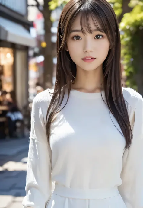 (((Cafe:1.3, outdoor, Photographed from the front))), ((long hair:1.3, white knit, japanese woman,cute)), (clean, natural makeup...