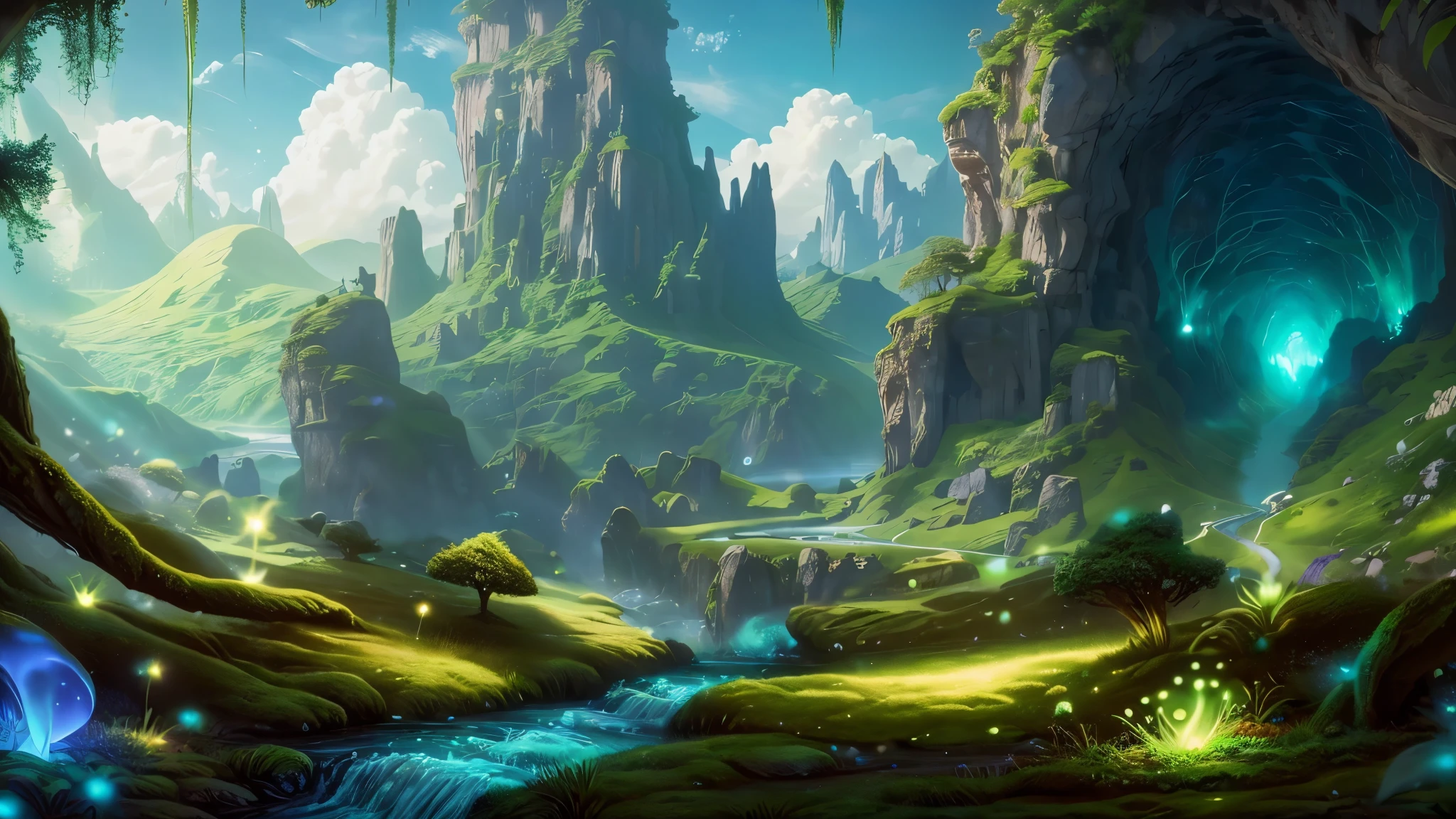 Masterpiece, best quality, 8k, panoramic view, enchanted forest, magical majestic trees, colorful mushrooms, serene rivers, glowing plants, ethereal atmosphere, ethereal light, fantastic creatures,