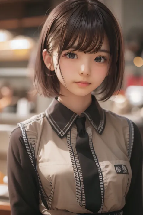 ((sfw: 1.4)),((detailed face)), ((sfw, barista uniform, extra short hair, sidelocks-hair, 1 Girl)), Ultra High Resolution, (Real...