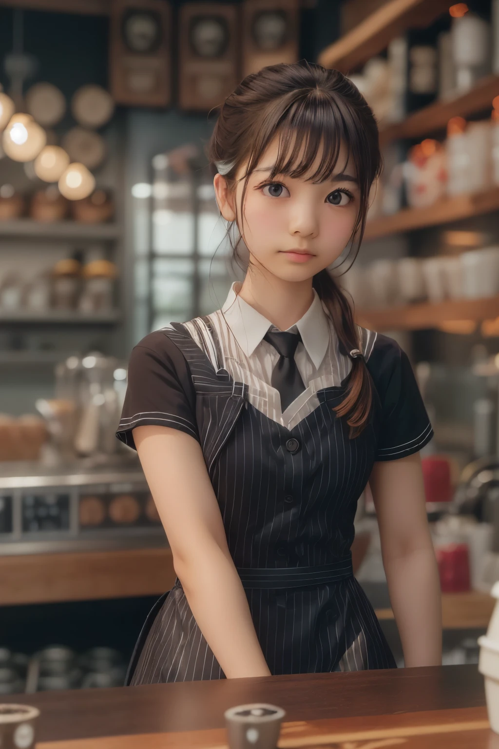 ((sfw: 1.4)),((detailed face, professional photography)), ((sfw, barista uniform, low-ponytail hair, sidelocks-hair, 1 Girl)), Ultra High Resolution, (Realistic: 1.4), RAW Photo, Best Quality, (Photorealistic Stick), Focus, Soft Light, ((15 years old)), ((Japanese)), (( (young face))), (surface), (depth of field), masterpiece, (realistic), woman, bangs, ((1 girl))