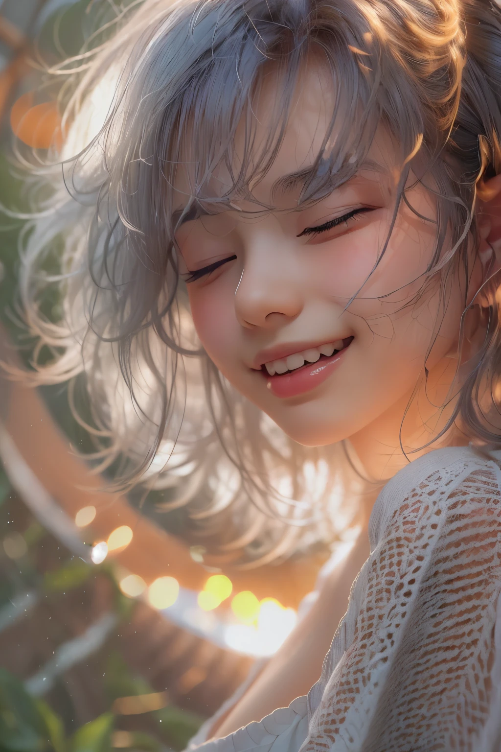 (masterpiece, highest quality), (real photos, intricate details), (afternoon, sun, sunny) Ludikou, embrace the sun, the sun hits the body, eyes are slightly closed. (1 girl, messy short gray hair, embracing the sun, chin up smile, profile) spread her arms,