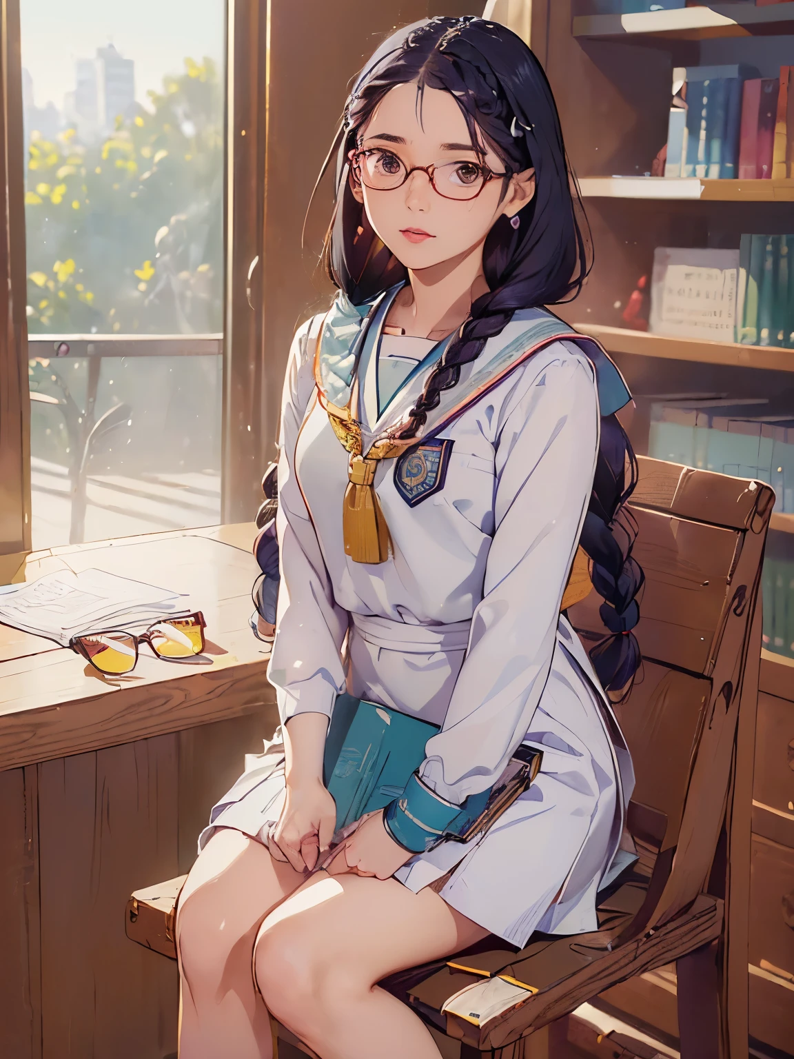 (((work of art))) ((( fund : school theme : students : in library ))) ((( charachter : Lee Ji Eun : shapely body : Braided hair : Nerd : wearing glasses :  : sitting down : study ))) feet