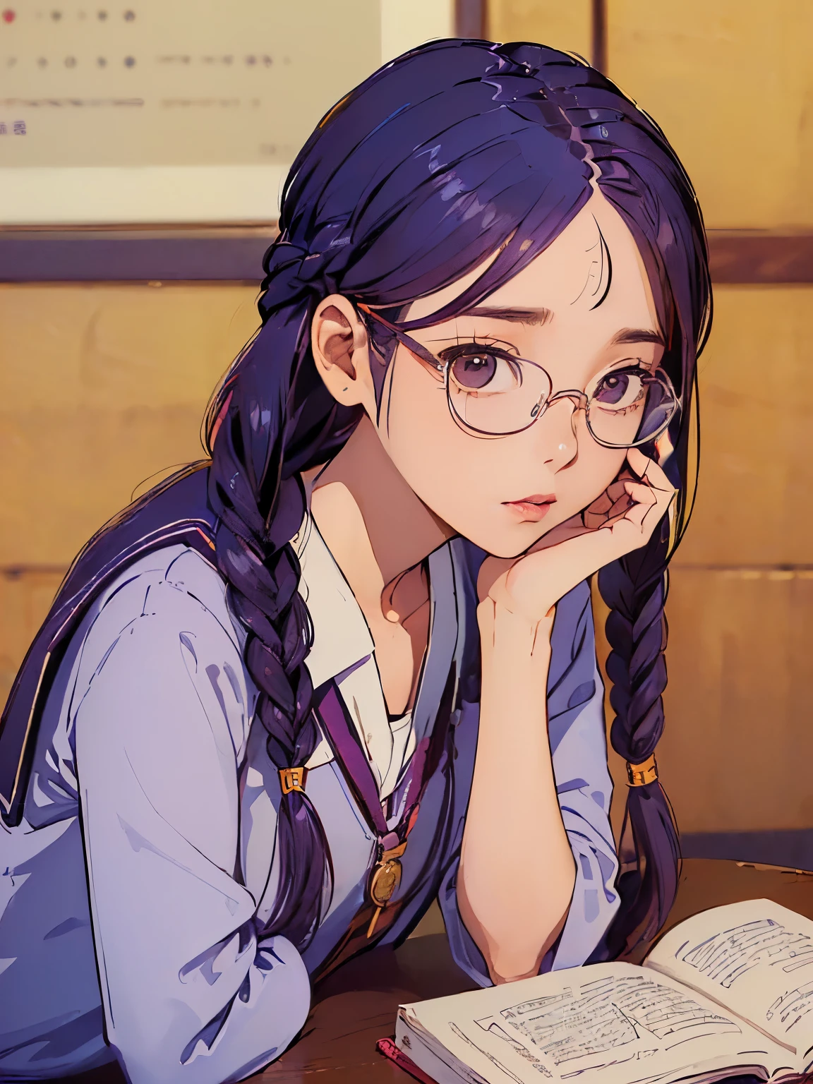 (((work of art))) ((( fund : school theme : students : in library ))) ((( charachter : Lee Ji Eun : shapely body : Braided hair : Nerd : wearing glasses :  : sitting down : study ))) feet