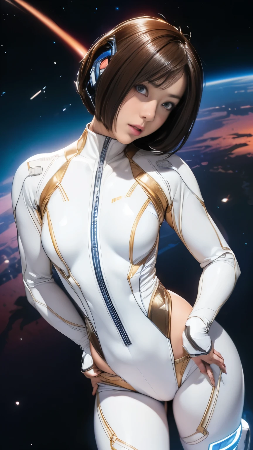 (masterpiece、highest quality、highest resolution、clear_image、Detailed details): (full body figure、 girl、Japanese face、small face、thin、navy blue super short bob cut hair、blue colored eyes、((navy long sleeve space suit、space helmet))、headset、cosmic handbag、cute type、gentle smile、soft expression、headset、(((knee high boots)))、gloves up to the elbow、eye level shot、face directly、woman on a spaceship), (((camel toe))), ((Pure white leotard))