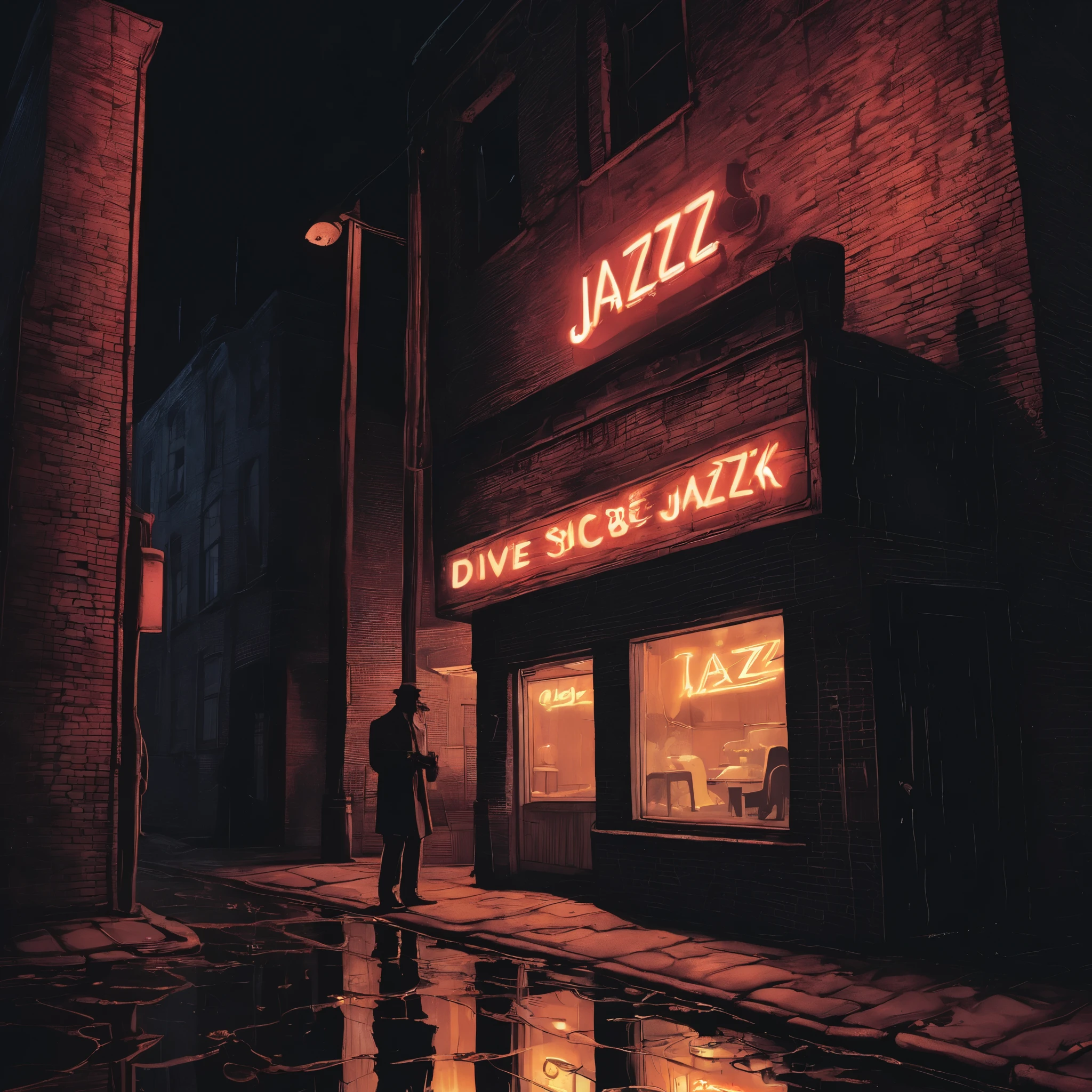 ink style figure, noir, nighttime, dark alley, shadows engulfing consuming insatiable into abyss black void, flickering neon sign for dive jazz bar illuminates the puddle drenched brick surface alley, 90's comic aesthetics, noir cel shading, bleak drab dread aesthetics, man silhouette in shadows smoking cigarette, ember of end only light besides puddle reflections of neon from sign high above, dutch angle, cinematic, detailed intricate neon sign with jazz bar signage, 