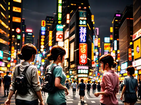 Office workers hurrying home amidst twinkling neon signs in downtown Tokyo at night