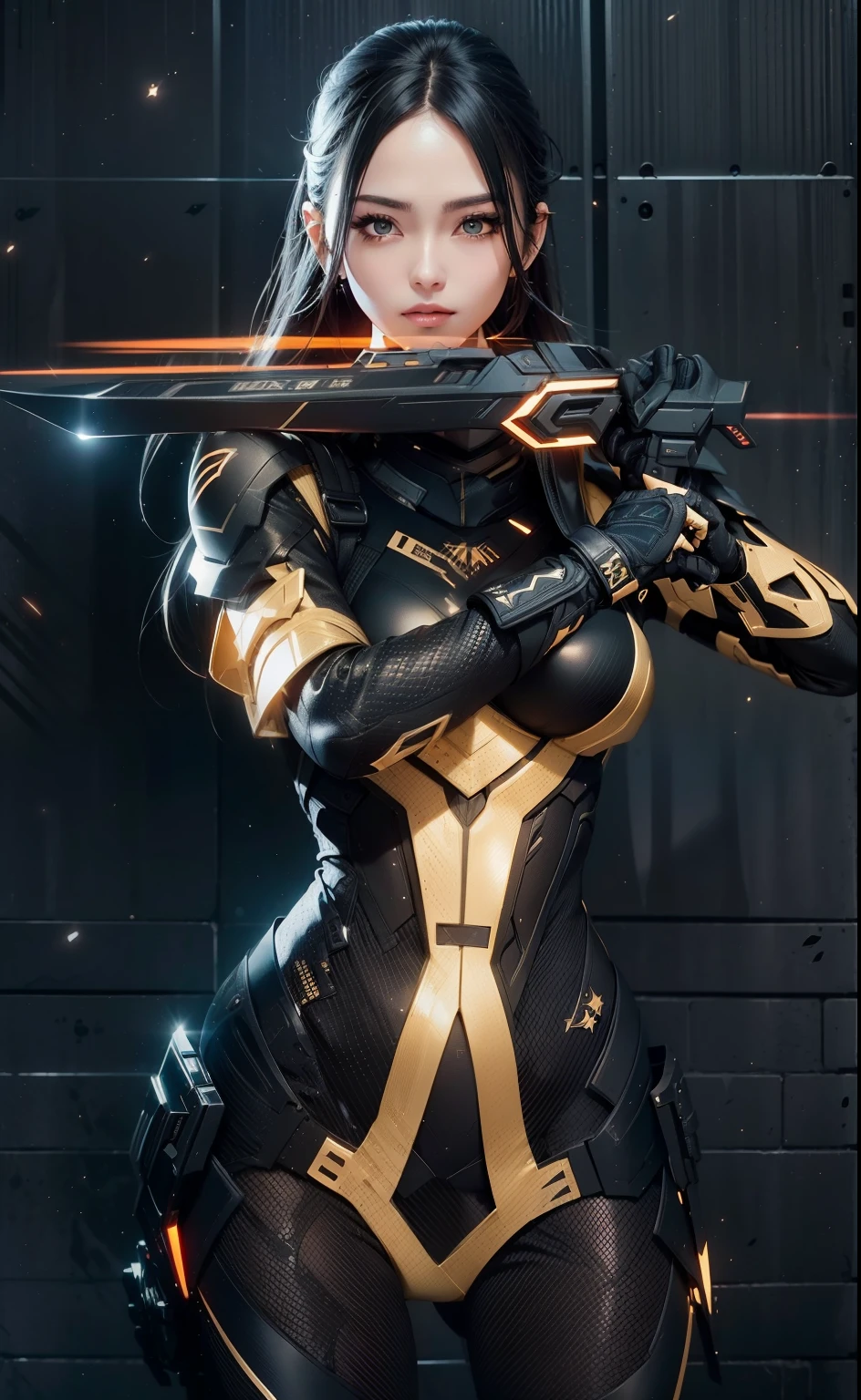 Waist up beauty girl in black body tatical combat suit, (((Stellar Blade aesthetic style::1))), golden hour illumination, sharp focus, (masterpiece), best quality, expressive eyes, perfect face, glowing