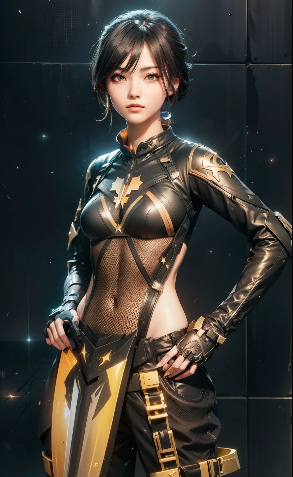 Waist up beauty girl in black body tatical combat suit, (((Stellar Blade aesthetic style::1))), golden hour illumination, sharp focus, (masterpiece), best quality, expressive eyes, perfect face, glowing