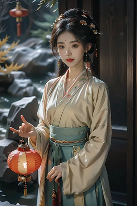 anime style, A mysterious young woman is holding a carp lantern，Red and blue Hanfu，Hairpins and gemstone accessories，There is a ...
