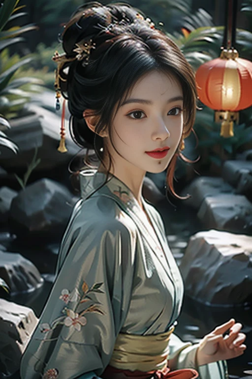 masterpiece，HD，anime style, A mysterious young woman is holding a carp lantern，（Goldfish lights：1.3），Blue streamer，（whole body：1.3），panoramic，Red and blue Hanfu，Hairpins and gemstone accessories，There is a jade pendant hanging from the waist，Casts a soft glow, Her flawless features exude an ethereal glow. The setting is mute, The moonlit forest and her costume are a gorgeous fusion of traditional Asian culture and futuristic fantasy. Every detail of her face and outfit is shown in extreme close-up，The level of detail is extraordinary. artist: Alec South