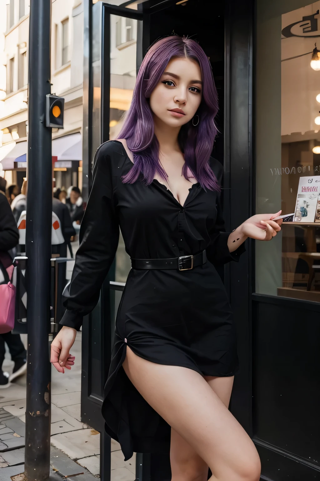 beautiful girl with purple hair and pink eyes in a black dress near the entrance to the cafe