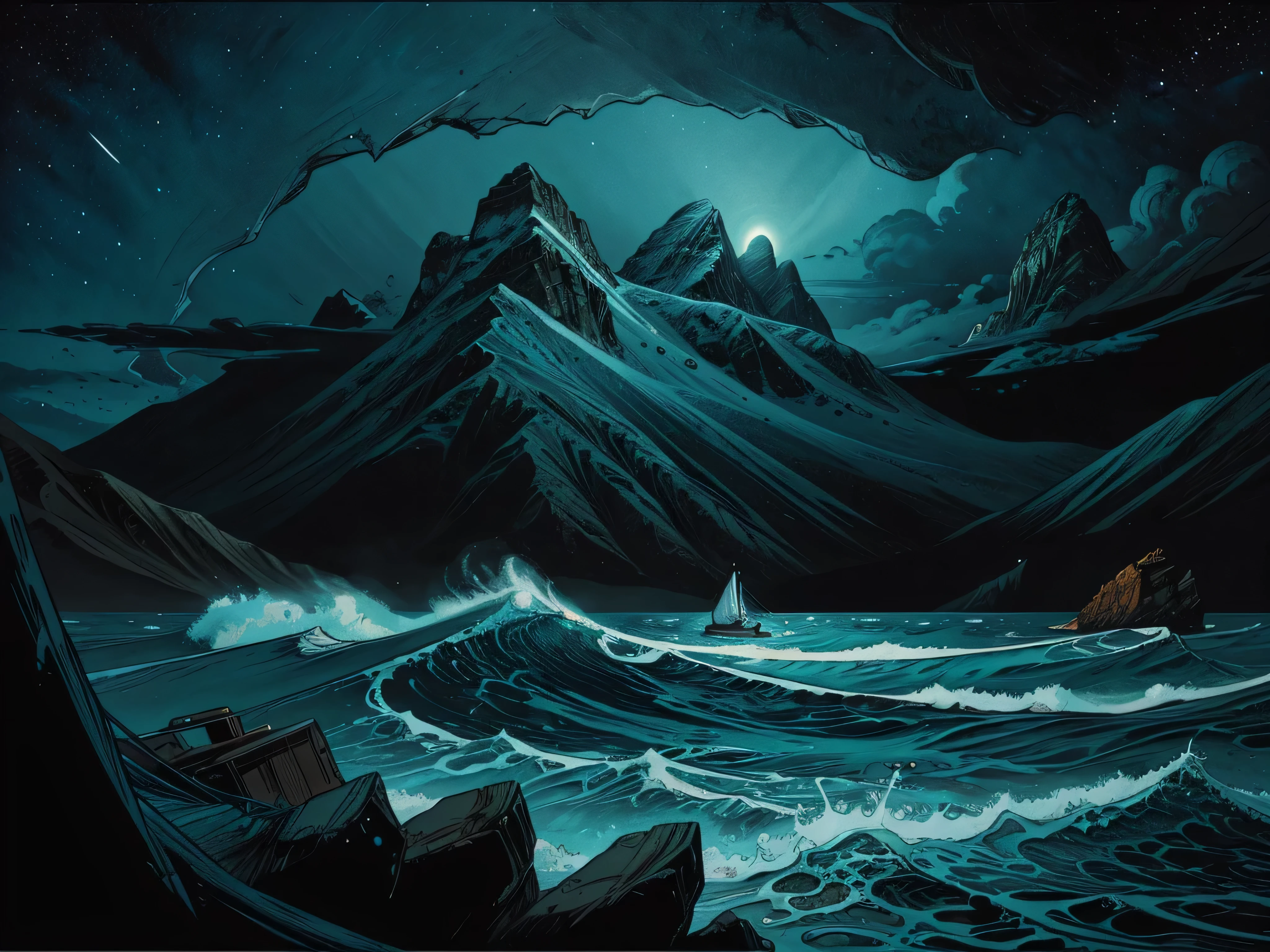 there is a painting of a ship in the ocean with mountains in the background, detailed dreamscape, inspired by Kilian Eng, calm night. digital illustration, full art illustration, dan mumford and alex grey style, by Kilian Eng, detailed digital illustration, a beautiful artwork illustration, g liulian art style, an ominous fantasy illustration, detailed fantasy illustration