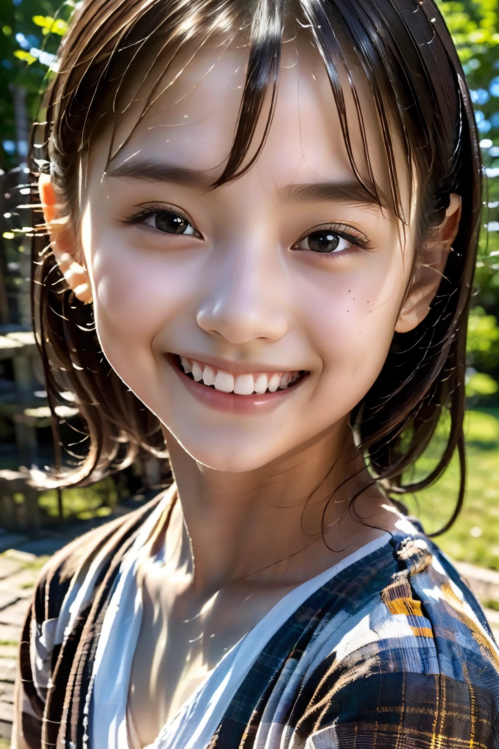 8 year old girl, teen, black hair, Japanese, (masterpiece:1.3)、1 person, Super detailed finish、(High resolution、8K:1.3)、(highest quality、Ultra-realistic as a photo:1.5)、sharp focus, 超High resolutionの顔、the face is in focus、Ultra high definition and beautiful eyes, very cute、very cute, smile,, embarrassing:1.3、stare at the camera:1.2,, soft light, slender, white dress