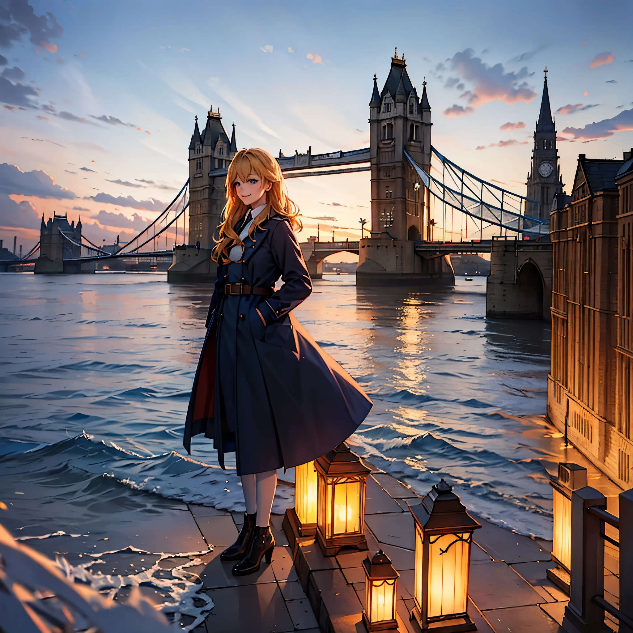 A woman with a long blue coat, personalized with the Great Britain flag, blonde hair, blue eyes, smiling, on England's Tower Bridge, with the sky at the end of the sunset, illuminated place, ultra resolution, perfect, well detailed, artwork, 4k hd
