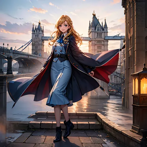 A woman with a long blue coat, personalized with the Great Britain flag, blonde hair, blue eyes, smiling, on England's Tower Bri...