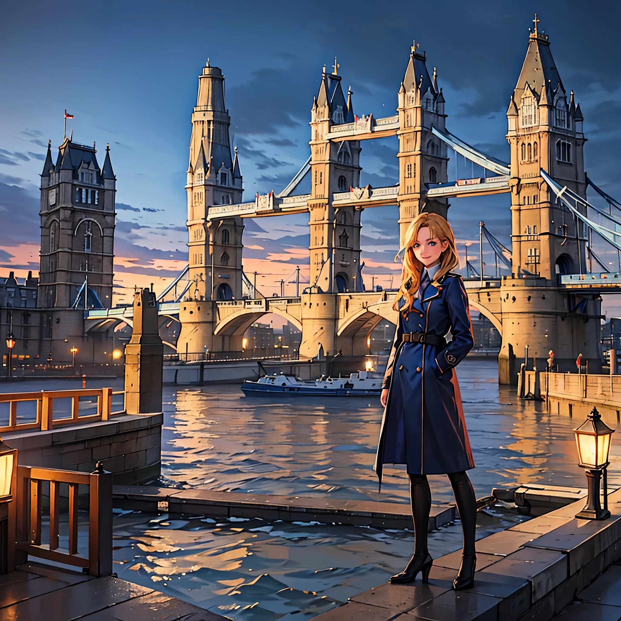 A woman with a long blue coat, personalized with the Great Britain flag, blonde hair, blue eyes, smiling, on England's Tower Bridge, with the sky at the end of the sunset, illuminated place, ultra resolution, perfect, well detailed, artwork, 4k hd
