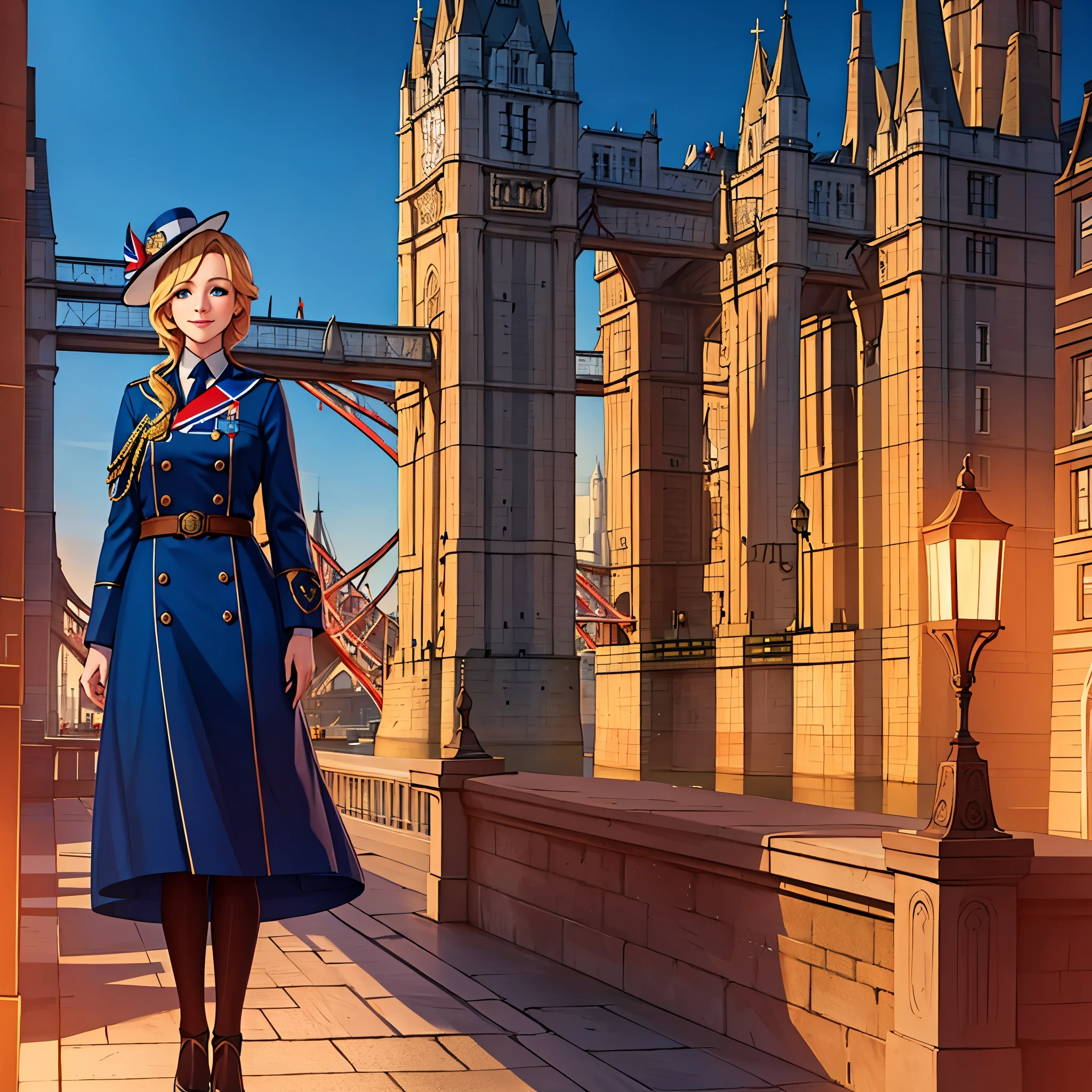 A woman with a long blue coat, personalized with the flag of Great Britain, blonde hair, wearing a feminine hat, blue eyes, smiling, on Tower Bridge of England, with the sky at the end of the sunset, illuminated place, ultra resolution , perfect, very detailed, work of art, 4k hd
