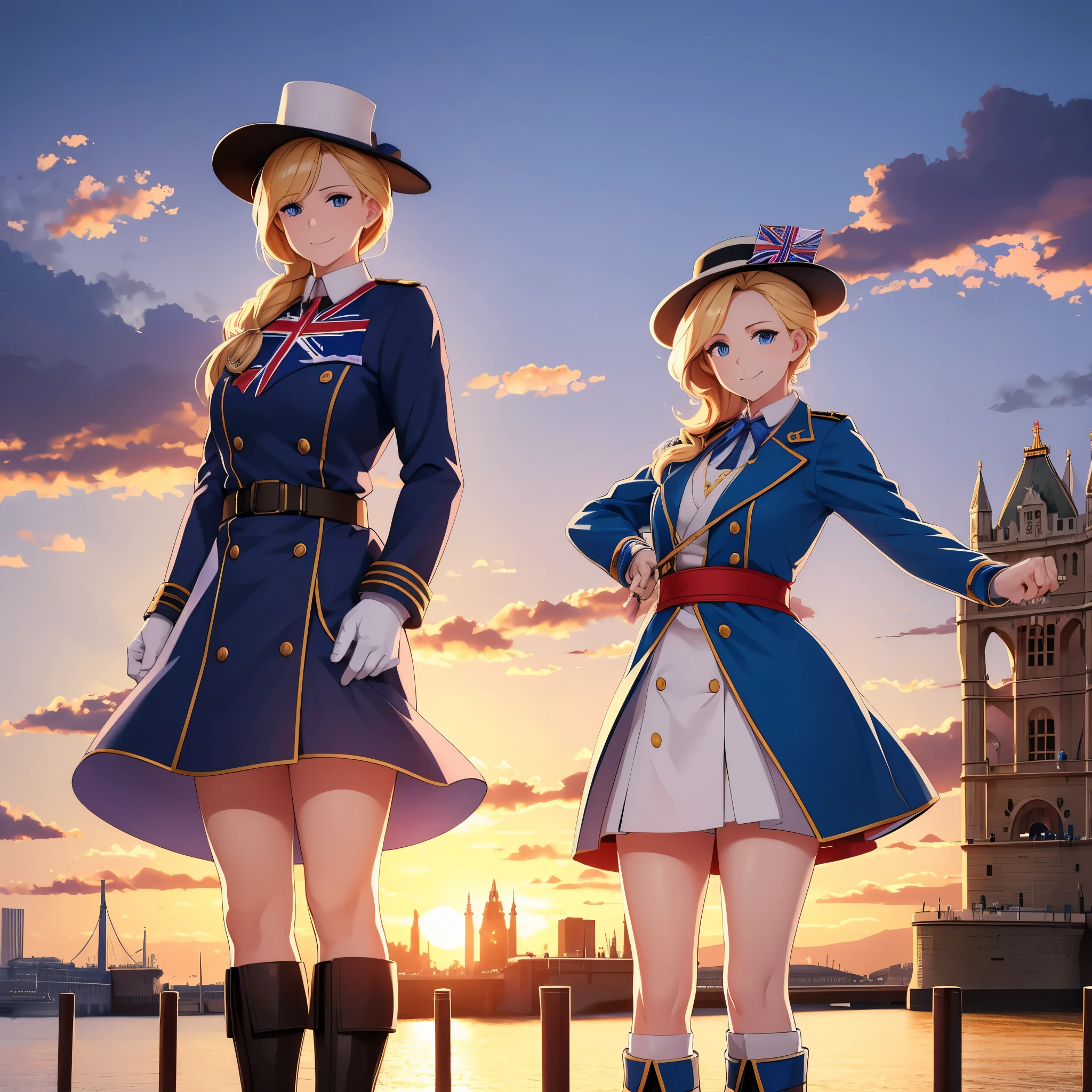 Une femme avec un long manteau bleu, personnalisé avec le drapeau de la Grande-Bretagne, cheveux blond, porter un chapeau féminin, yeux bleus, souriant, sur le Tower Bridge d&#39;Angleterre, avec le ciel à la fin du coucher de soleil, lieu éclairé, ultra résolution , parfait, très détaillé, oeuvre d&#39;art, 4K HD
