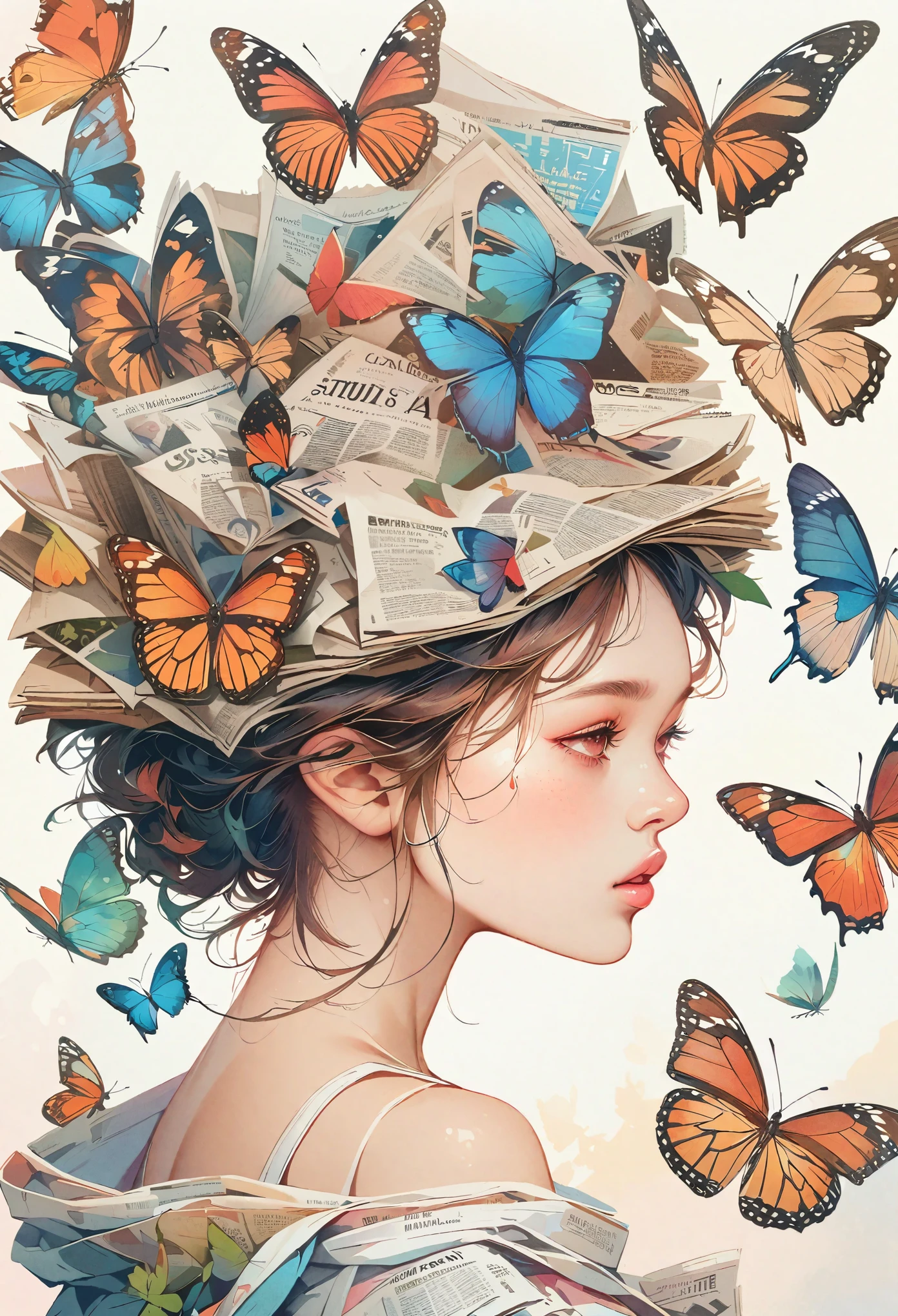 Girls side profile avatar, alone, Wearing a magazine cover dress, Detailed facial features and long eyelashes, A butterfly perches on her head, Surrounded by a row of newspaper clippings. The girl&#39;s face is very realistic and detailed, Bright colors、clear focus. The overall image is a high-resolution masterpiece, Perfect for magazine covers. The art style is a mix of photography and conceptual art. The shades are vibrant、striking. The lighting is studio style, Features soft and soft lighting. This tip also includes text and barcodes commonly found on magazine covers.