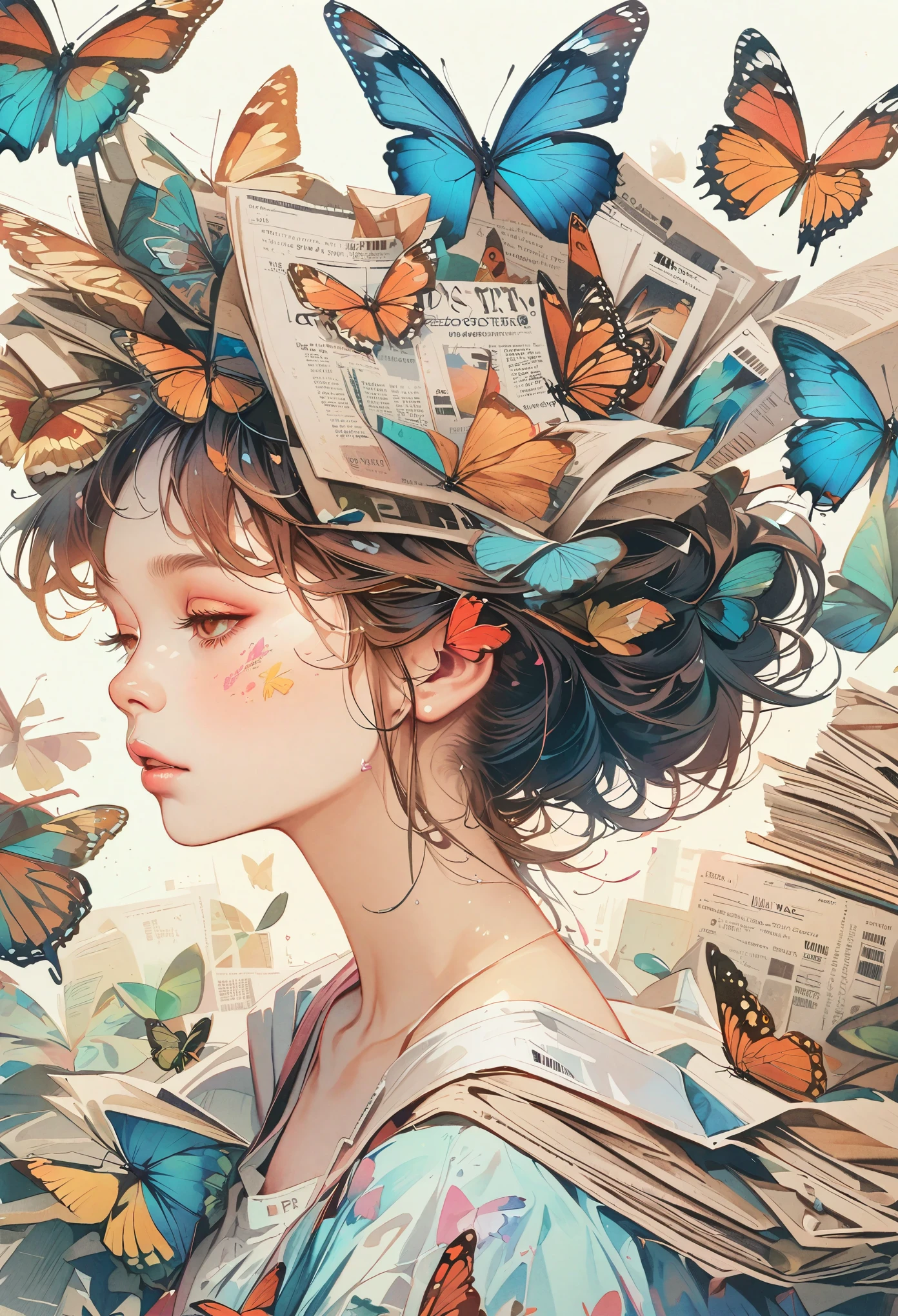 Girls side profile avatar, alone, Wearing a magazine cover dress, Detailed facial features and long eyelashes, A butterfly perches on her head, Surrounded by a row of newspaper clippings. The girl&#39;s face is very realistic and detailed, Bright colors、clear focus. The overall image is a high-resolution masterpiece, Perfect for magazine covers. The art style is a mix of photography and conceptual art. The shades are vibrant、striking. The lighting is studio style, Features soft and soft lighting. This tip also includes text and barcodes commonly found on magazine covers.