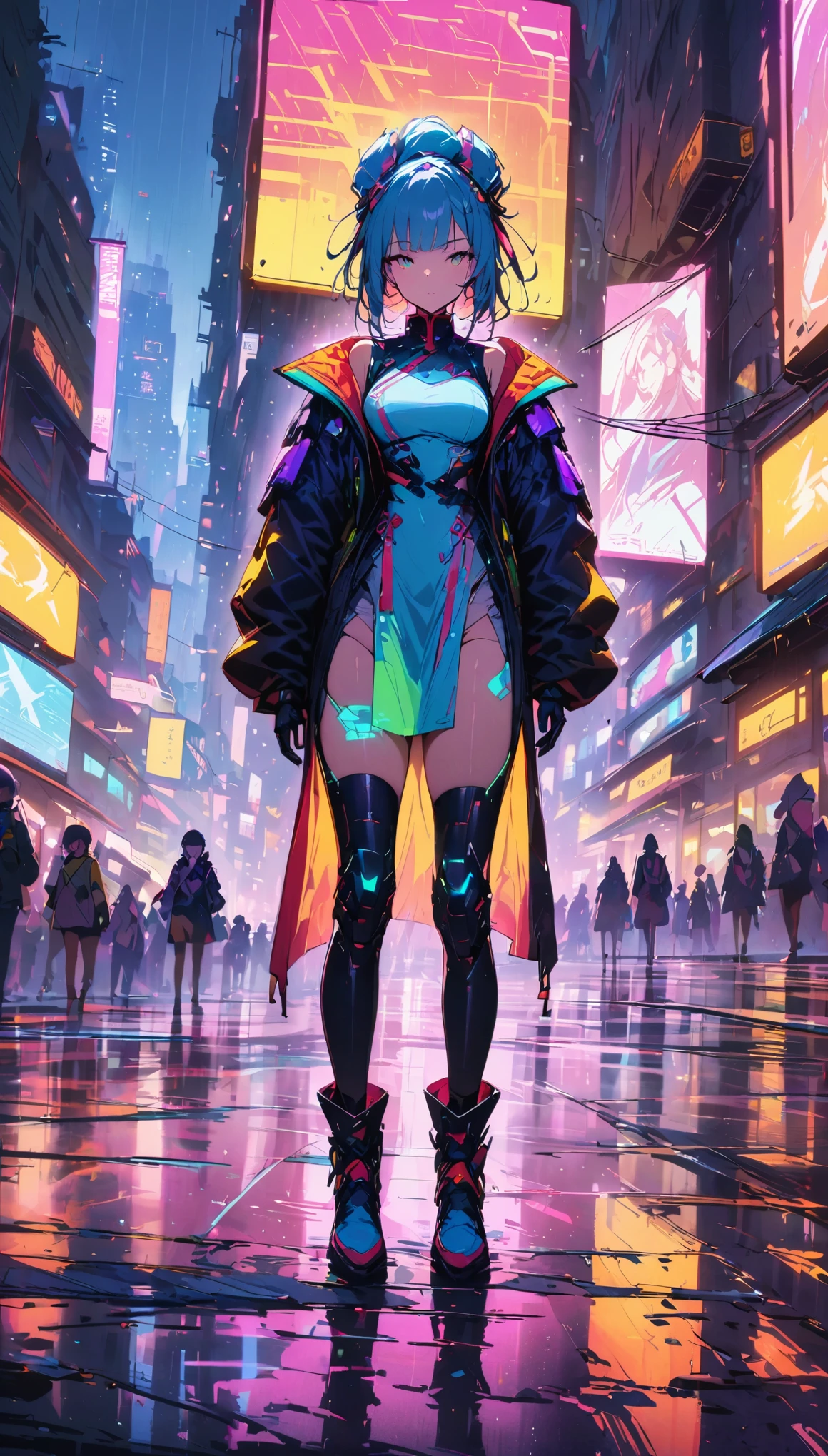 (best quality), (Ultra-fine), (masterpiece), illustration, A girl Chinese costume cyberpunk, （cyberpunk，Chinese clothing，cybernetic implants），looking at camera,hair accessories, bright colors，dynamic lighting，neon lights，glowing city skyline，Holographic projection，future fashion clothing，A combination of traditional and modern elements，Avant-garde makeup，Exquisite hairstyle，confidence and determination，city environment，downpour，Reflections on slippery roads，Metallic feeling，Mechanical armor, Gorgeous accessories，High-tech products，Impressive cybernetic enhancements，Clear focus，gnarly details, Overclocked rendering, Cinematic edge light, fine light, masterpiece, Super details, epic work, ultra high definition, high quality, 32k