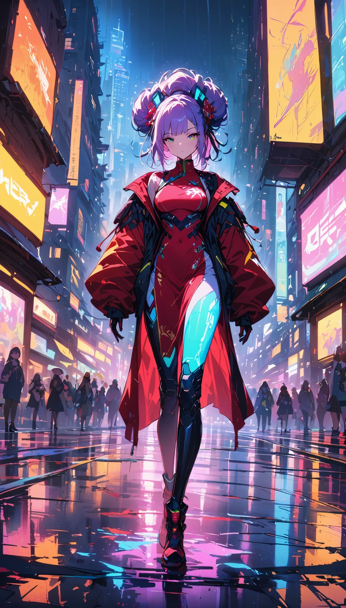 (best quality), (Super fine), (masterpiece), illustration, A girl Chinese costume cyberpunk, （cyberpunk，Chinese style clothing，cybernetic implants），looking into camera,hair accessories, bright colors，dynamic lighting，neon lights，glowing city skyline，Holographic projection，future fashion clothing，A combination of traditional and modern elements，Avant-garde makeup，Exquisite hairstyle，confidence and determination，city environment，downpour，Reflection on slippery road，metallic feel，Mechanical armor, Gorgeous accessories，high-tech products，Impressive cybernetic enhancements，Clear focus，gnarly details, Overclocked rendering, Cinematic edge light, fine light, masterpiece, Super details, epic work, ultra high definition, high quality, 32k