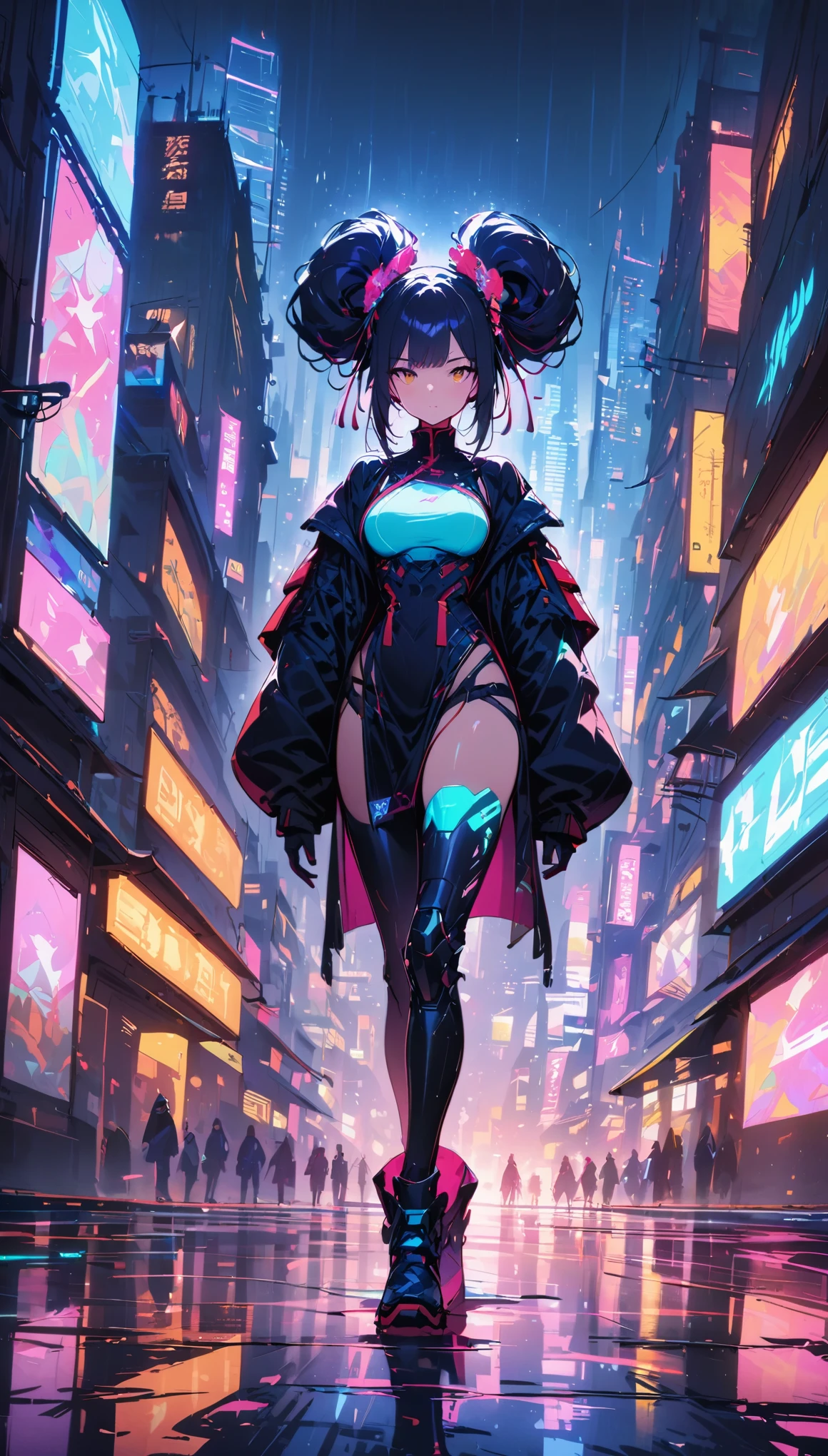 (best quality), (Super fine), (masterpiece), illustration, A girl Chinese costume cyberpunk, （cyberpunk，Chinese style clothing，cybernetic implants），looking into camera,hair accessories, bright colors，dynamic lighting，neon lights，glowing city skyline，Holographic projection，future fashion clothing，A combination of traditional and modern elements，Avant-garde makeup，Exquisite hairstyle，confidence and determination，city environment，downpour，Reflection on slippery road，metallic feel，Mechanical armor, Gorgeous accessories，high-tech products，Impressive cybernetic enhancements，Clear focus，gnarly details, Overclocked rendering, Cinematic edge light, fine light, masterpiece, Super details, epic work, ultra high definition, high quality, 32k