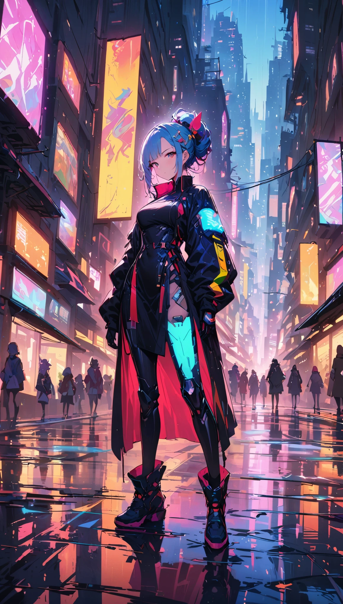 (best quality), (Super fine), (masterpiece), illustration, A girl Chinese costume cyberpunk, （cyberpunk，Chinese style clothing，cybernetic implants），looking into camera,hair accessories, bright colors，dynamic lighting，neon lights，glowing city skyline，Holographic projection，future fashion clothing，A combination of traditional and modern elements，Avant-garde makeup，Exquisite hairstyle，confidence and determination，city environment，downpour，Reflection on slippery road，metallic feel，Mechanical armor, Gorgeous accessories，high-tech products，Impressive cybernetic enhancements，Clear focus，gnarly details, Overclocked rendering, Cinematic edge light, fine light, masterpiece, Super details, epic work, ultra high definition, high quality, 32k