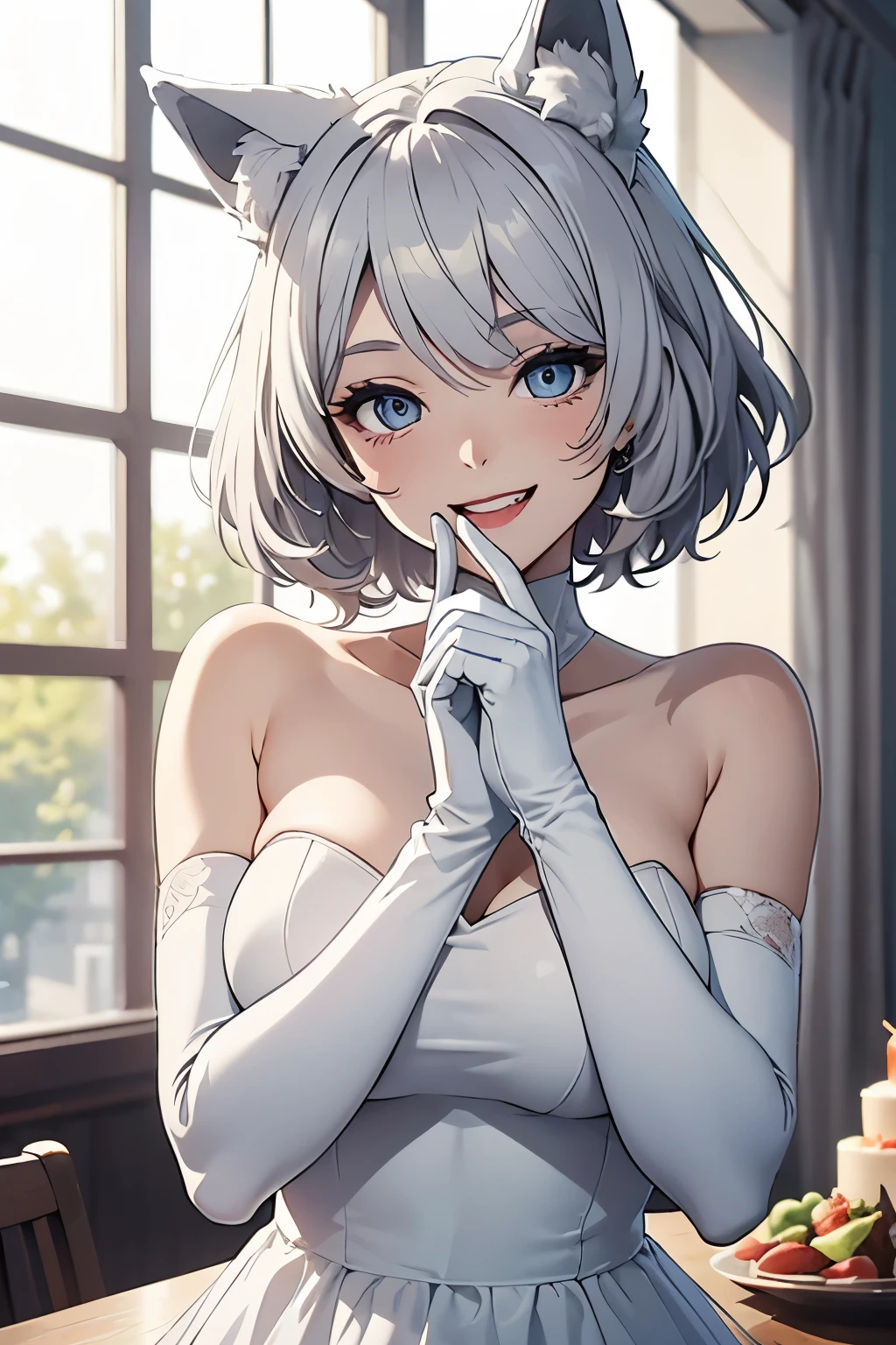 table top　High level image quality　best image quality　8K　 adult woman　whole body　portrait　pure white long gloves（elbow gloves）　white pantyhose　Wedding dress（Tube top）　white wolf ears　short hair（（shortcut）（gray hair）（perm）（fluffy））　eye color is blue　attractive face（（laughter）（smile）（open your mouth））　wink