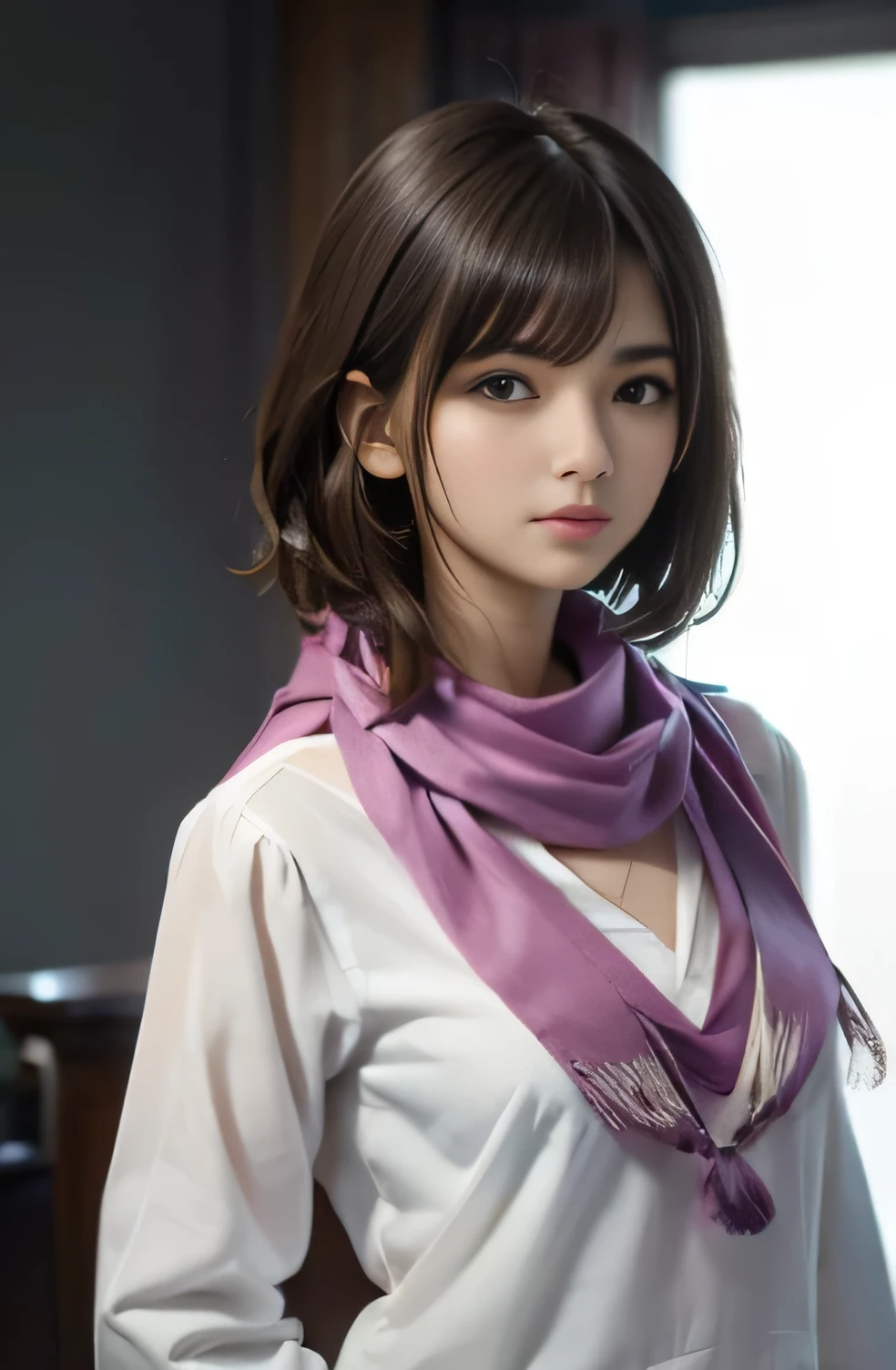 highest quality、shape、 Super detailed、finely、 High resolution、8k wallpaper、Perfect dynamic shape、17 year old beautiful girl、A neat and mature girl、detailed beautiful face、detailed beautiful eyes、rough skin、small breasts、bold sexy pose、((blouse with open chest、scarf:1.4))、((medium hair:1.4))、((looking at the viewer))