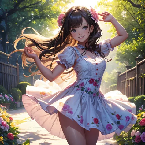 in a garden full of flowers, under the sunlight, a girl wearing a floral dress is dancing, dance, pretty girl with a nice smile,...