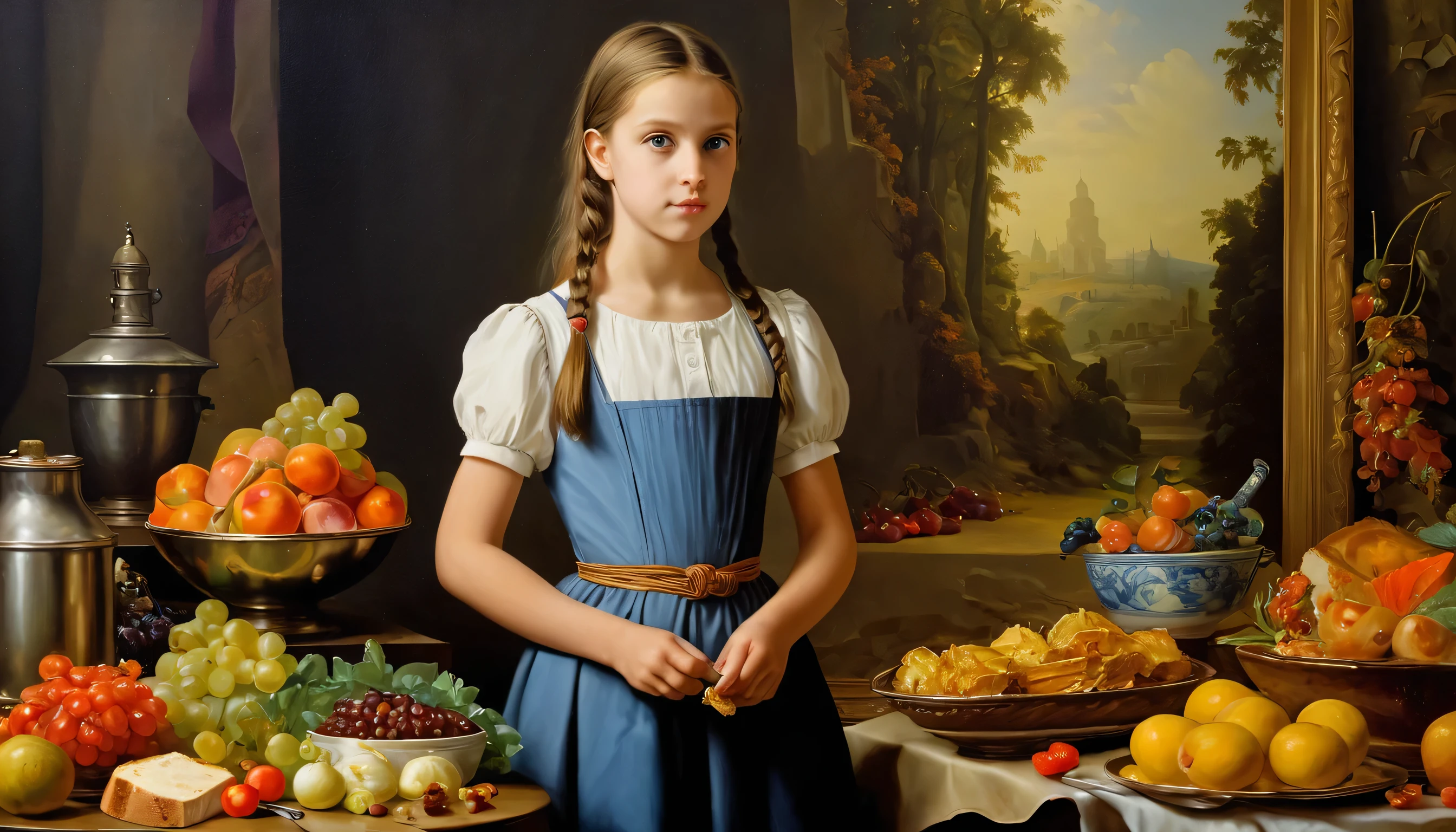 (杰作:1.3), ((最好的_质量)), (荒诞), 1 名女孩, 肖像, 在一幅巨大的静物画的背景下, 油画, 烹饪艺术