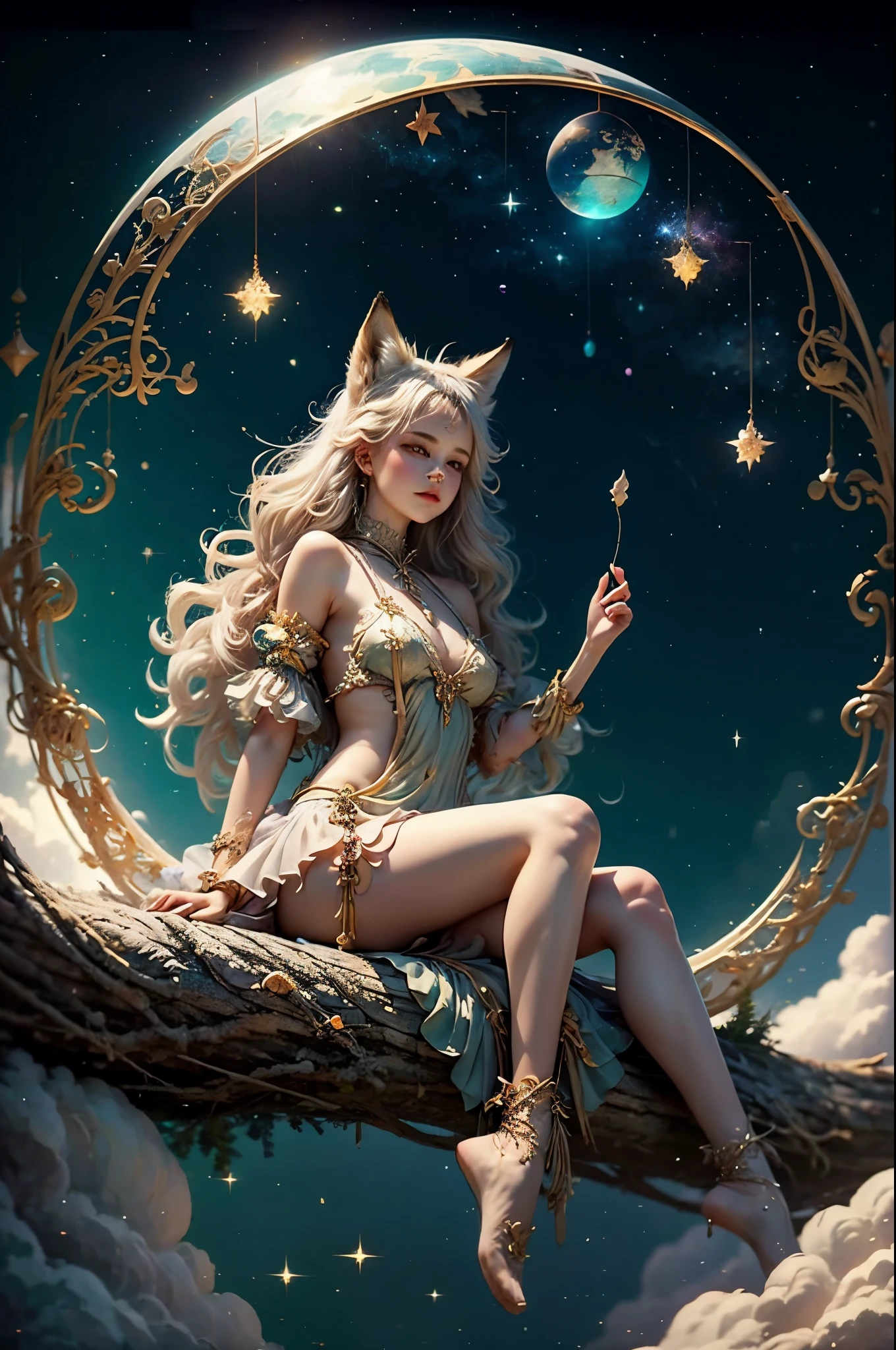 diosa zorro, hermosa chica, Seda,nube,cola de zorro, disfraz de mikko, bosque,piscina,( bokeh ),fantasía 00d,Luna sentada