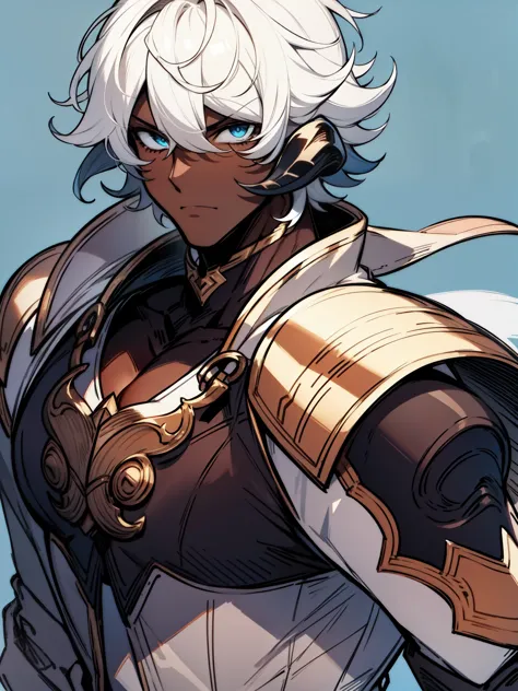 ((white hair)), ((front horns)), ((black au ra)), (((dark skin))), (knight (final fantasy), ((serious expression)), ((armor)), ((fantasy)), ((muscular build)), (((complementary colors))), ((mature male)), 1boy, beautifully drawn, high resolution illustrati...