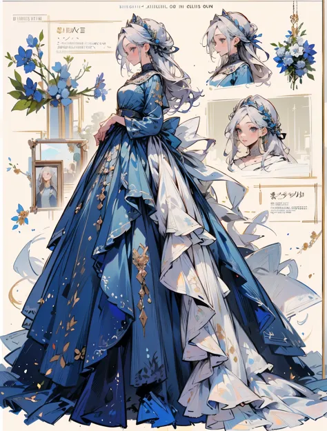 ((Top quality high resolution)), a drawing of a woman in blue gown with detailed art of fashion, 1girl, dress, long hair, blue dress, solo, jewelry, flower, earrings