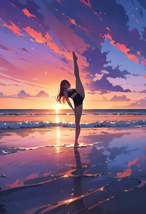 (masterpiece, best quality:1.2), 1girl, solo,standing_split, 
1girl,cloudy_sky,gradient_sky, horizon,ocean, orange_sky,evening, ...