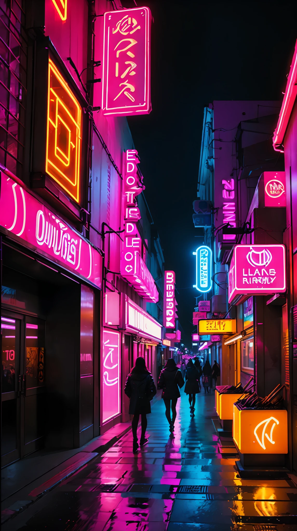 (best quality,ultra-detailed,realistic:1.37),vibrant pink neon sign,flamingo neon sign,glowing neon lights,retro style,shimmering reflections,urban nightlife,dark alleyway,late-night atmosphere,cityscape,neon-lit streets,nightclub,neon glow,energetic,exciting nightlife,electric atmosphere,colorful lights,striking contrast,urban art installation,colorful shadows,dynamic lines,graffiti,urban culture,exciting energy,people walking by,faint sound of music,futuristic city,modern,stylish,neon advertising,street photography,neon reflections,neon tubes,aesthetic design,sleek lines,glamorous,vivid colors,exquisite details,lively,immersive,glowing signage,nighttime cityscape,neon aesthetic,neon city,glowing pink,retro-futuristic skyline,nighttime revelry,thriving metropolis,neon paradise.